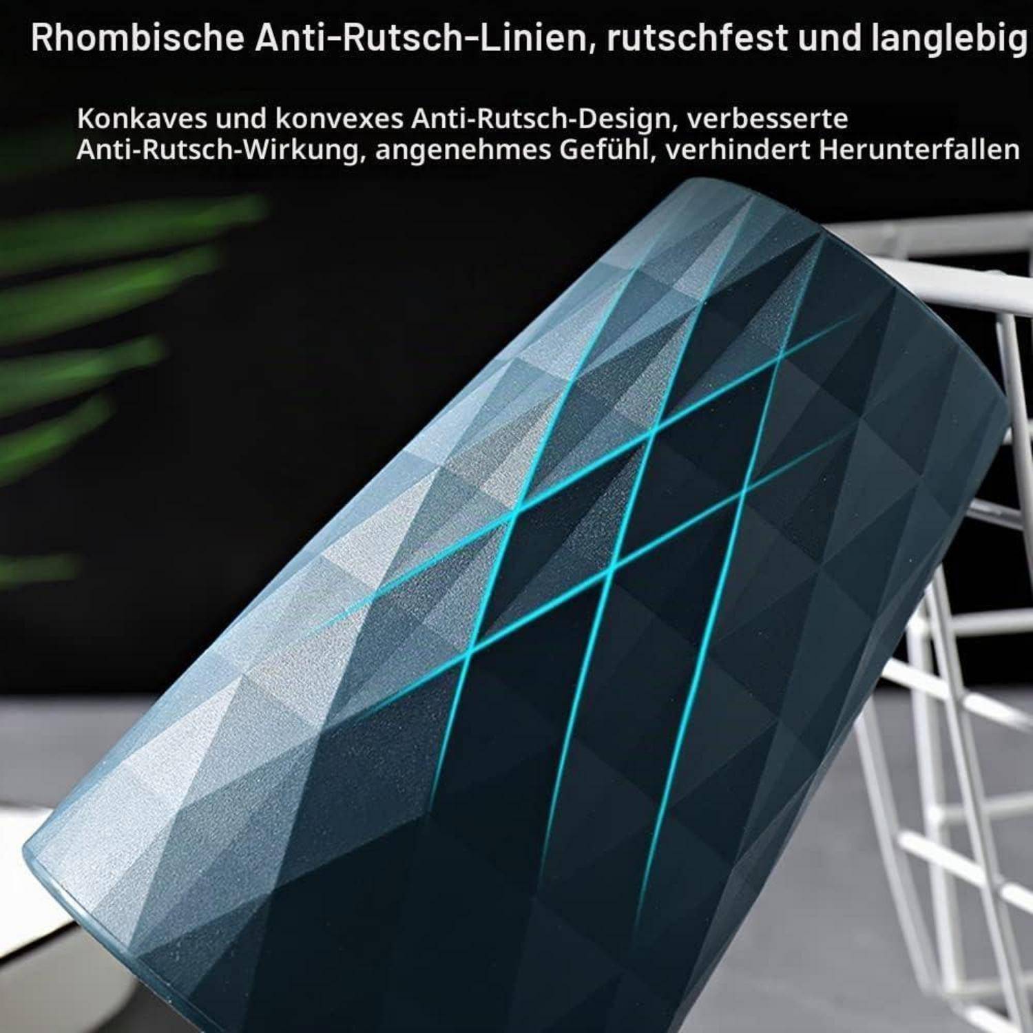 Nahaufnahme eines geometrischen rutschfesten Griffes mit strukturierter Oberfläche, gezeigt mit deutschem Text, der verbesserten Grip und Sicherheit bewirbt.