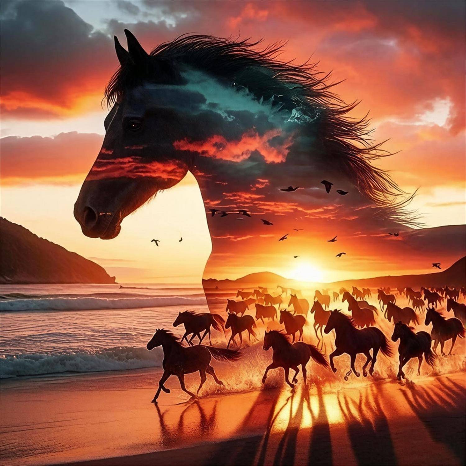 Silhouette eines Pferdes, das sich gegen einen Sonnenuntergangshimmel über einem Strand abzeichnet, mit einer Herde von Pferden, die entlang der Küstenlinie läuft.