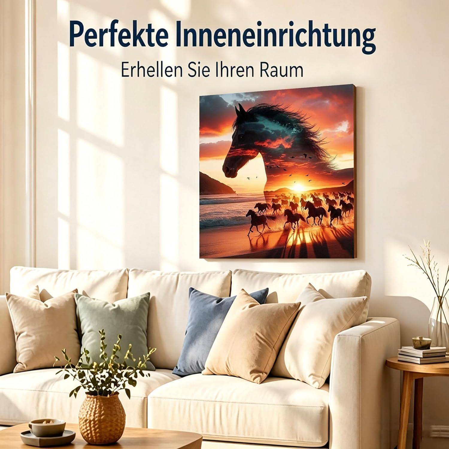 Wohnzimmer mit beigem Sofa und Wandkunst unter den Texten „Perfekte Inneneinrichtung