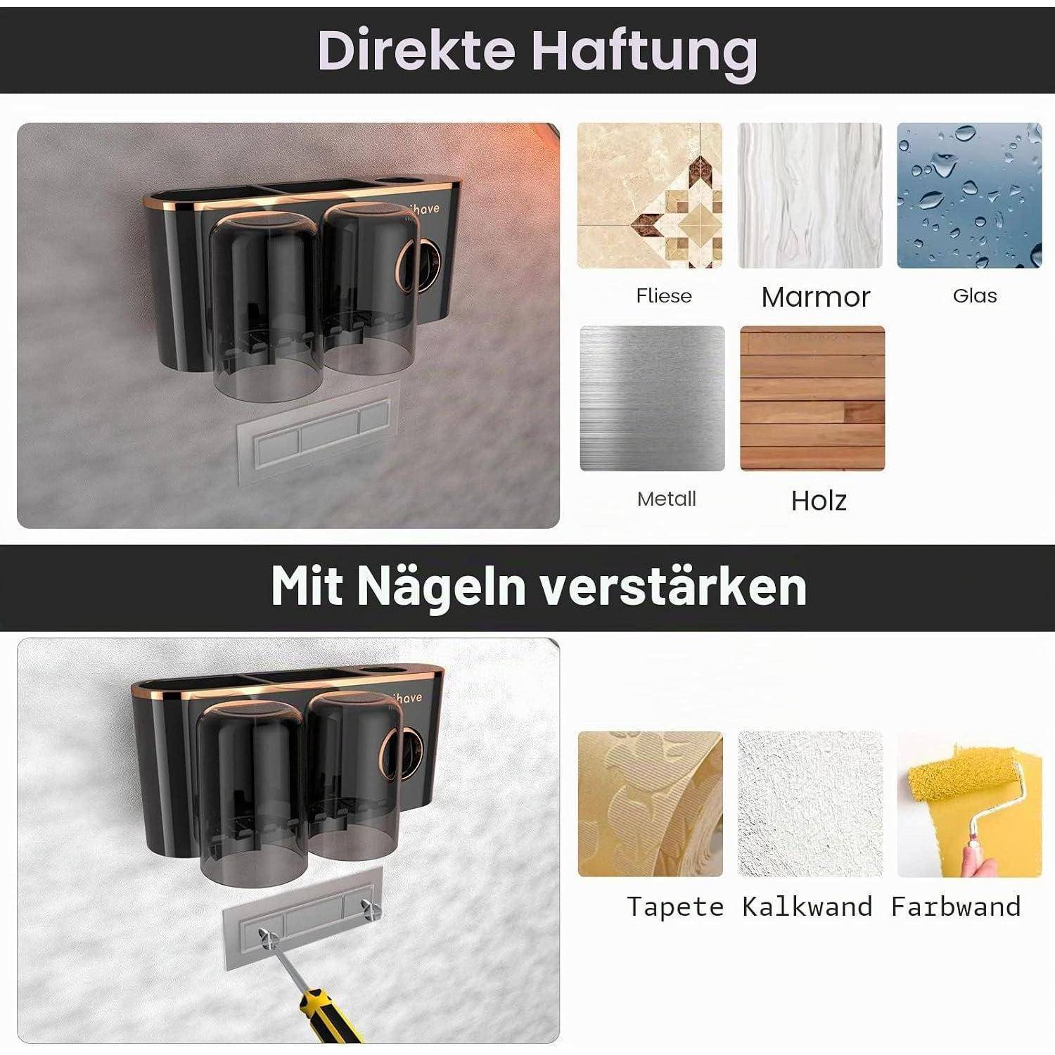 Produktinstallationsanleitung mit direkter Klebeflächenmontage auf Fliesen, Marmor, Glas, Metall oder Holz sowie Nagelverstärkung für Tapeten, Putz oder angestrichene Wände.