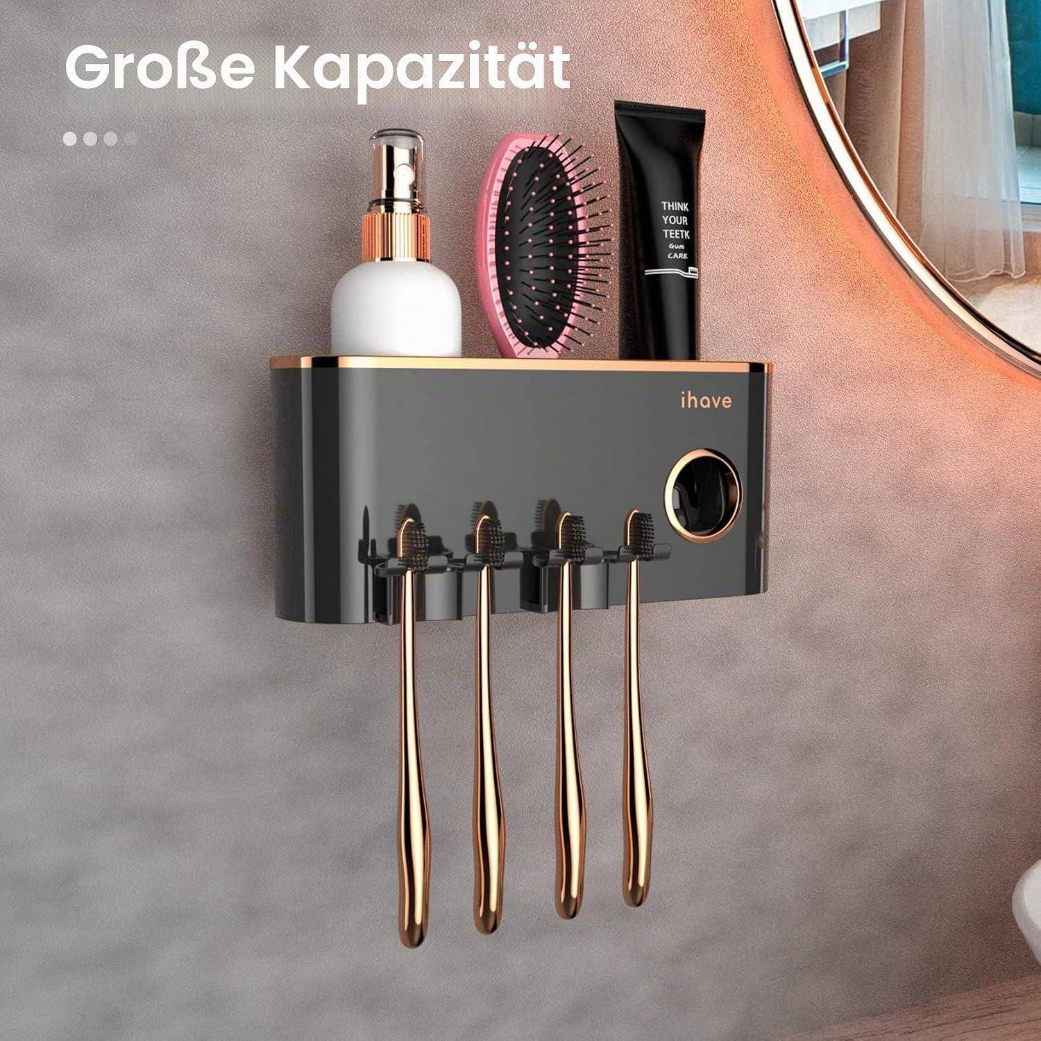 Wandmontierter Zahnbürstenorganizer mit vier goldenen Zahnbürstengriffen, Ablageregal für Toilettenartikel und deutscher Text „Große Kapazität