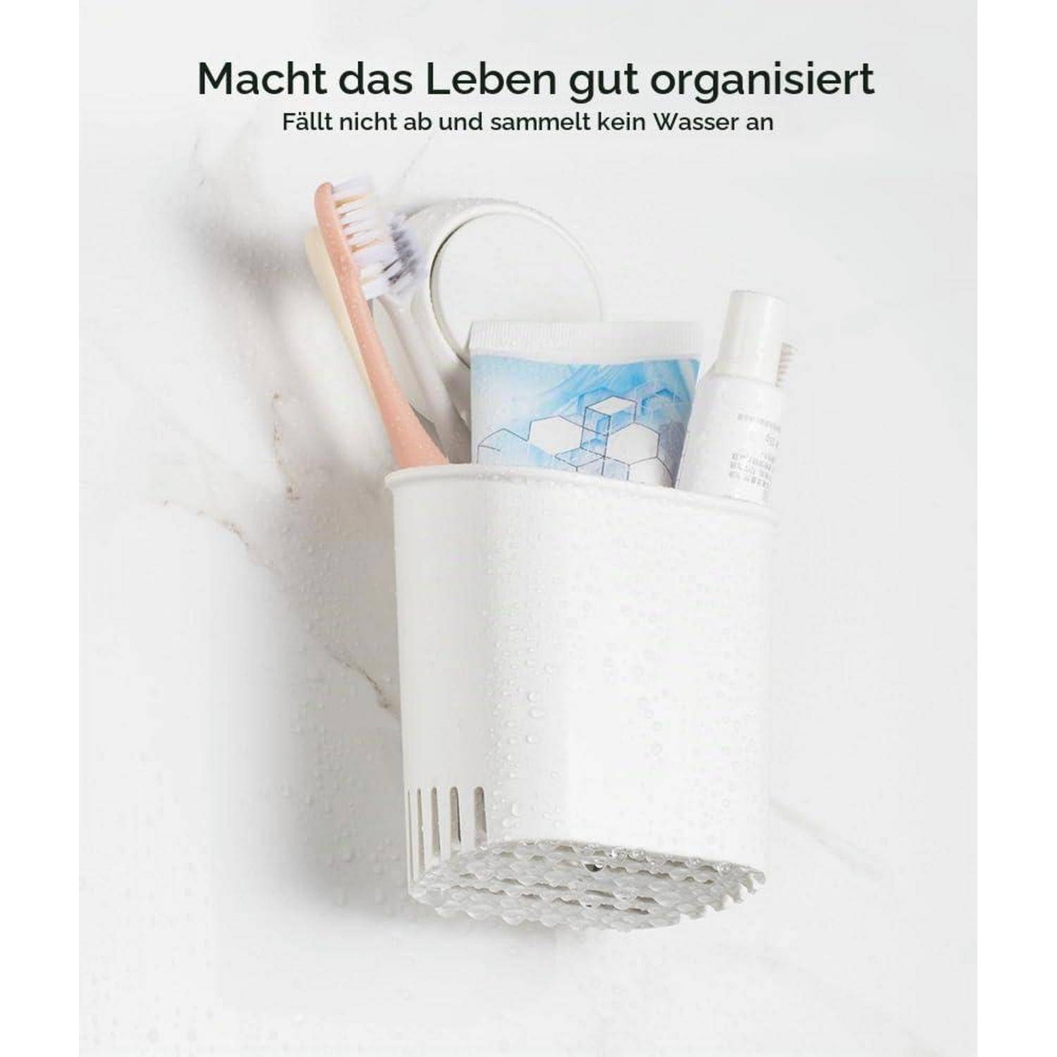 Weiße wandmontierte Badezimmerablage mit einer Zahnbürste, Zahnpasta und einer Flasche, mit deutschem Text: „Macht das Leben gut organisiert