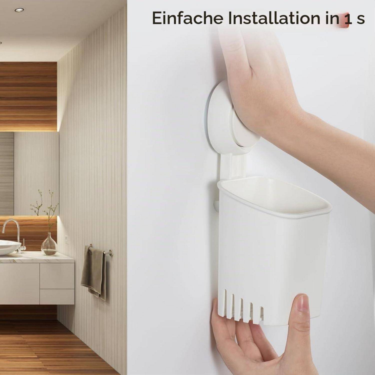 Hände installieren ein an der Wand montiertes weißes Badezimmerregal mit Saugnapf; der Text sagt „Einfache Installation in 1 s