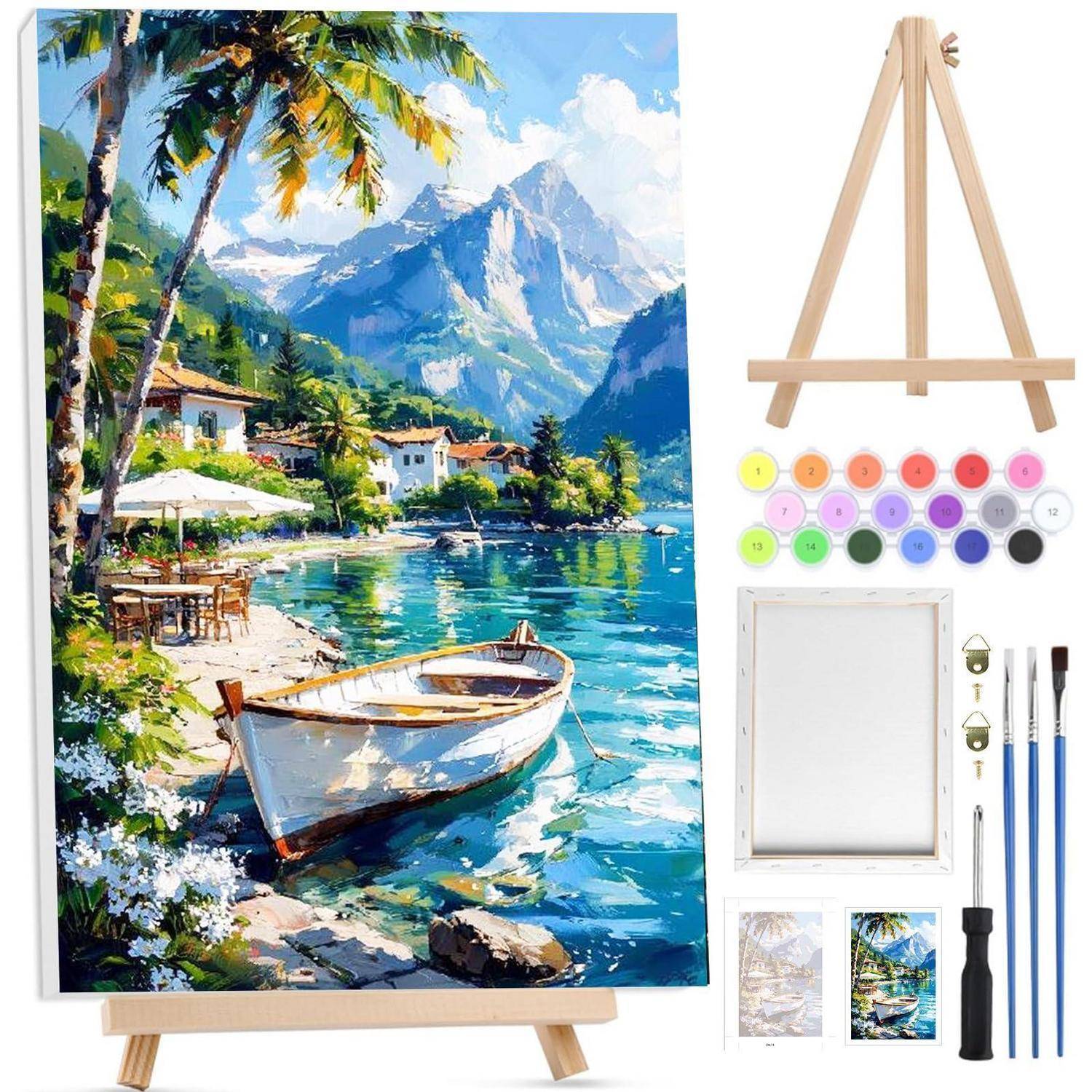Malset mit Staffelei, leerem Leinwand, Farben, Pinseln und einer Beispiellandschaftsmalerei mit See und Bergen mit einem Boot am Ufer.