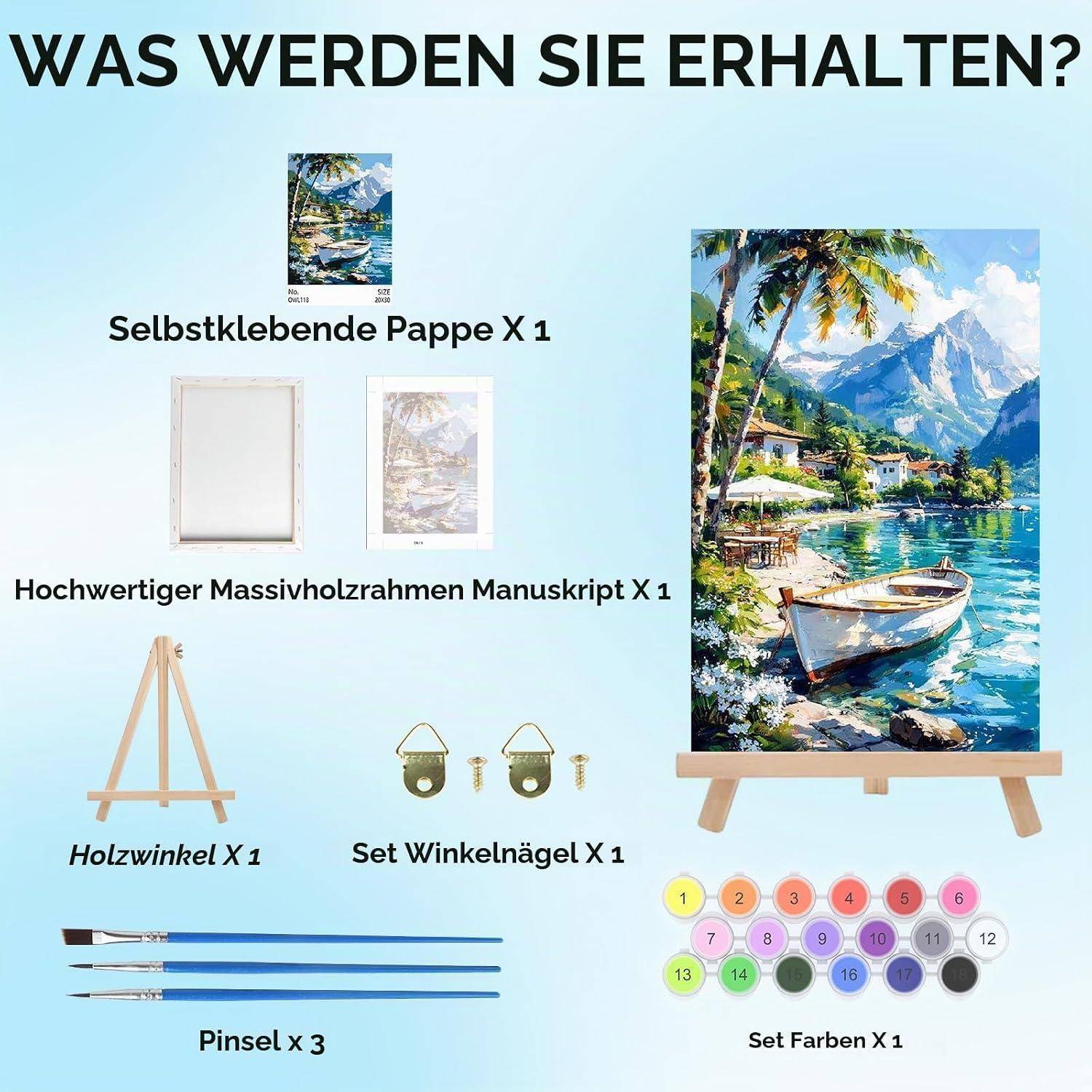 Bowetile Schiff Malen nach Zahlen für Erwachsene mit Rahmen, Szenerie Zahlenmalerei Set für Anfänger mit Holzstaffelei Leinwand Kit, DIY Gemälde