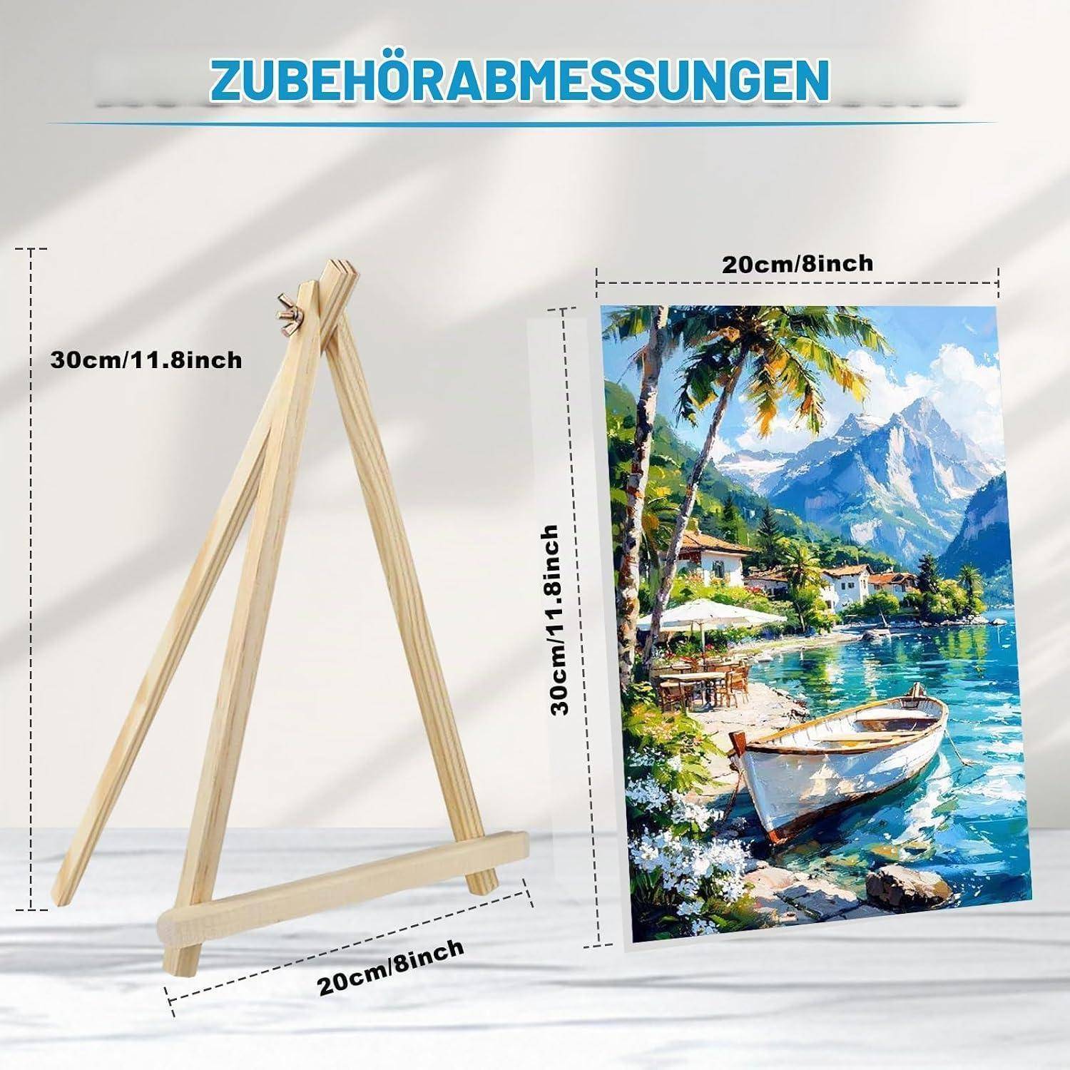 Produktgrößengrafik mit einer Holz-Tischstaffelei, 30cm/11,8 Zoll hoch und 20cm/8 Zoll breit, mit einem 20cm x 30cm großen Bild darauf.