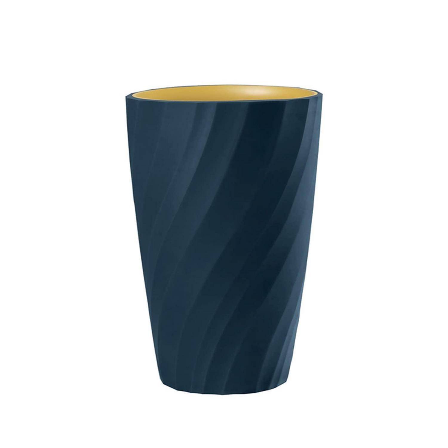 Dunkelblauer kegelstumpfförmiger Becher mit goldenem Rand und Innenseite, auf weißem Hintergrund dargestellt.