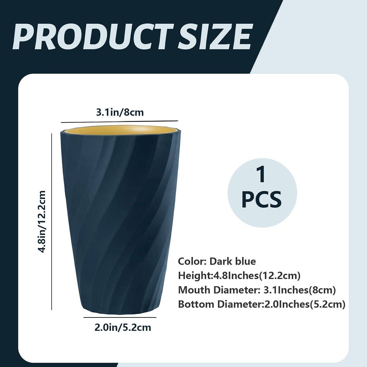 Produktgrößendiagramm für eine dunkelblau Tasse: Höhe 4,8 Zoll (12,2 cm), Mundöffnung Durchmesser 3,1 Zoll (8 cm), Bodendurchmesser 2,0 Zoll (5,2 cm).