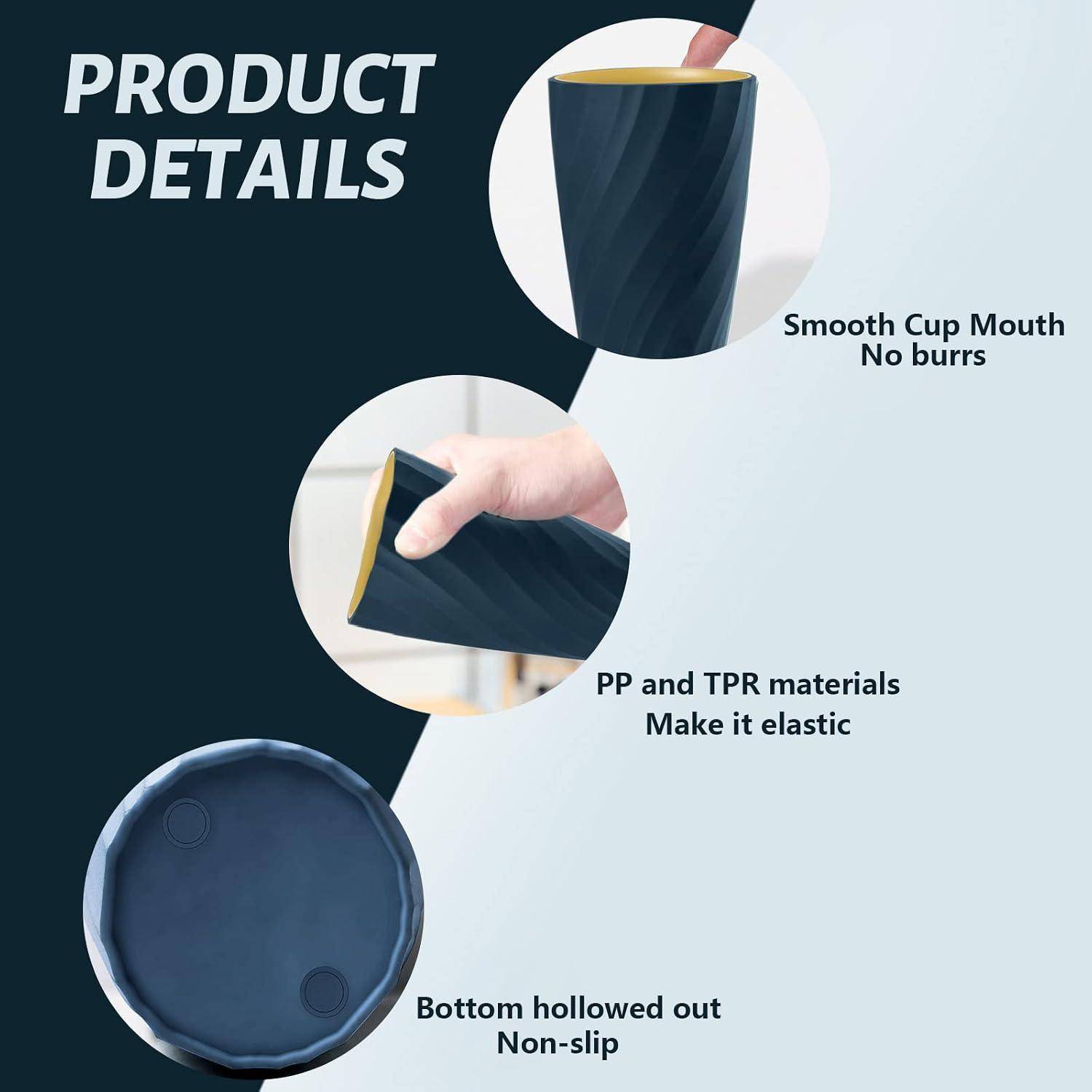 Produktdetails-Grafik mit einem flexiblen Becher: glatter, gratfreier Rand, PP- und TPR-Materialien und ein hohler rutschfester Boden.