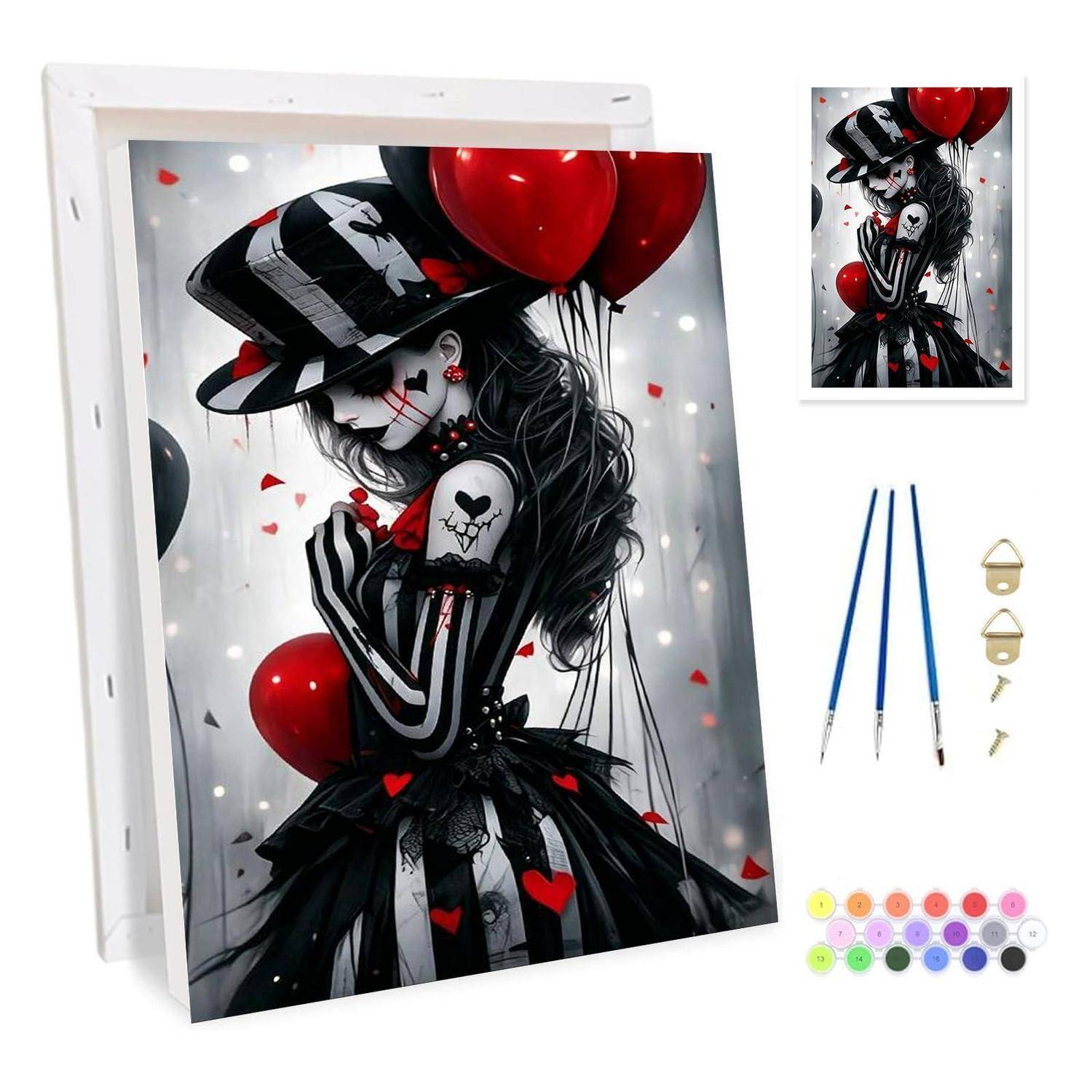 Malen-nach-Zahlen-Set mit einem gotischen Mädchen mit roten Luftballons, mit Leinwand, Pinseln, Aufhängehardware und Farbdosen im Lieferumfang enthalten.