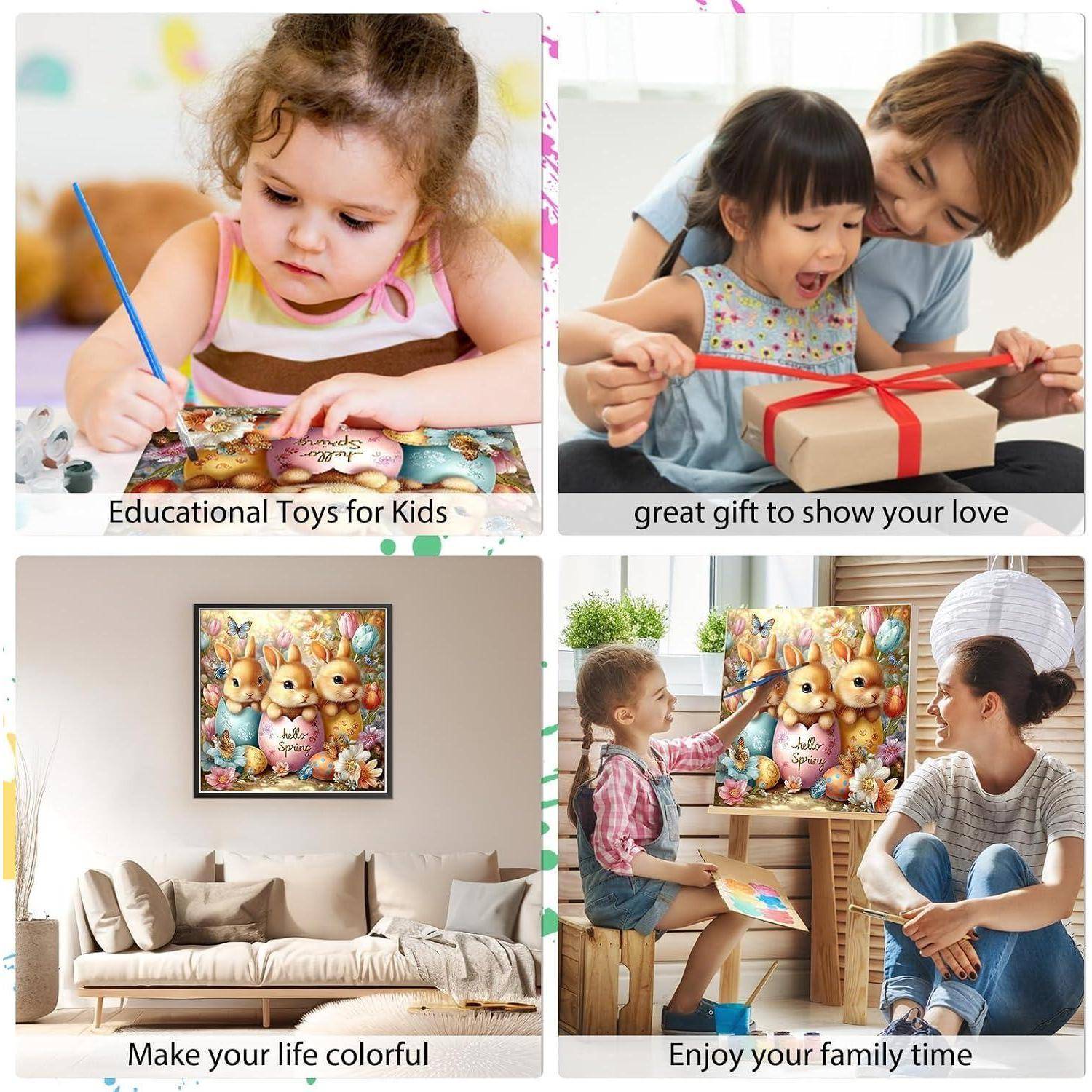 Vierteiliger Werbespot: Kinder beim Malen, Mutter und Kind öffnen ein Geschenk, bunte Hase Wandkunst in einem Wohnzimmer, und eine Familie, die gemeinsam Zeit verbringt.