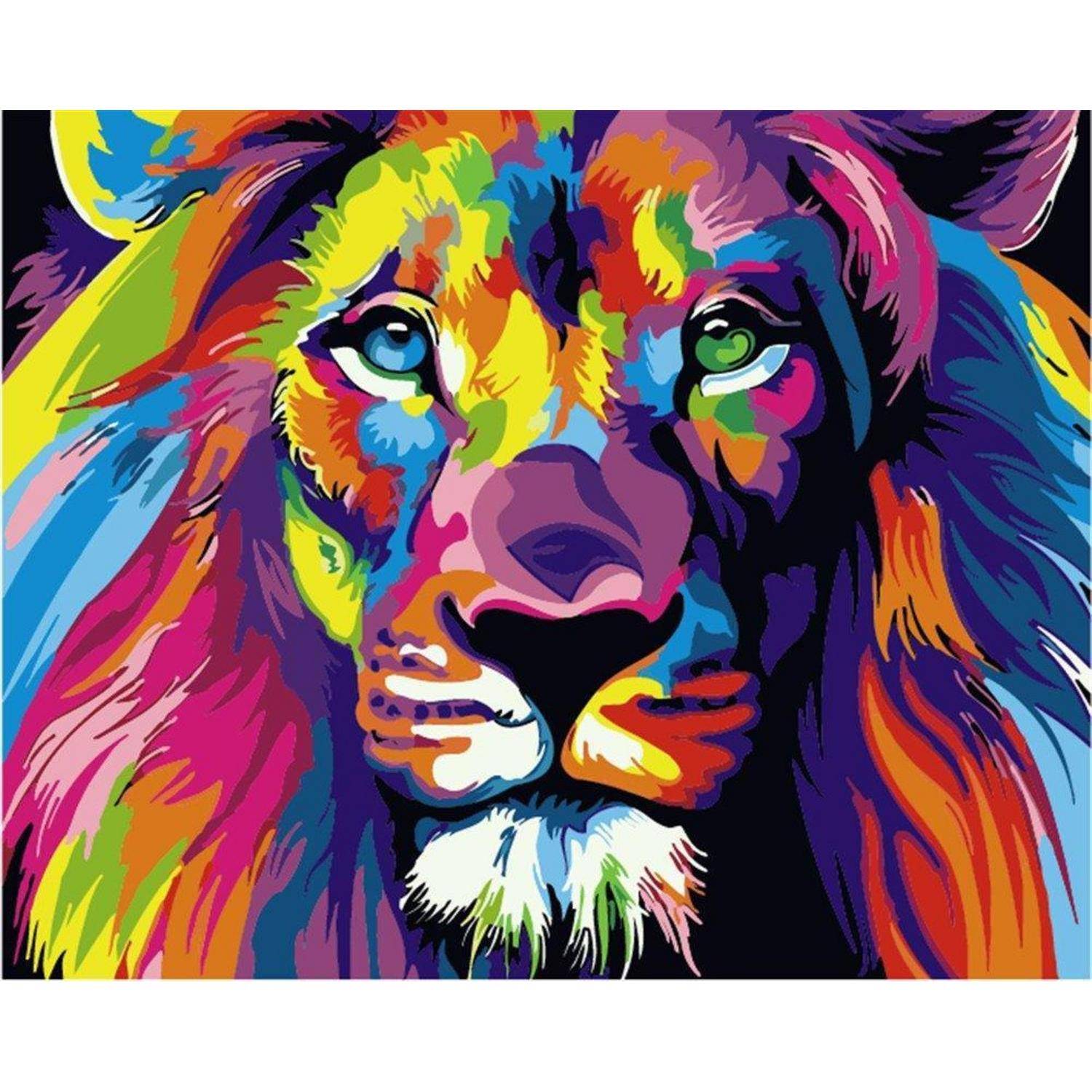 Farbenfrohes Pop-Art-Stilporträt eines Löwen mit frontal ausgerichtetem Gesicht und leuchtender Regenbogenmähne.