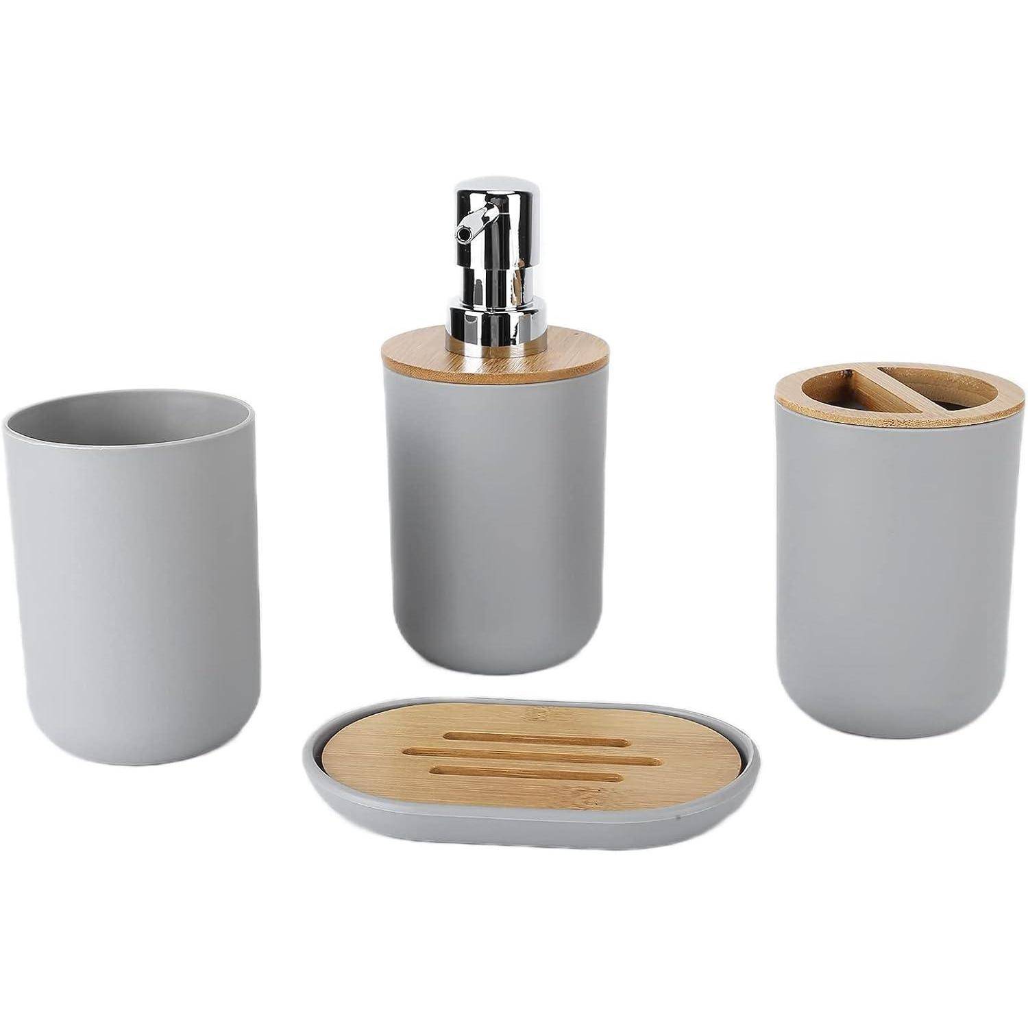 Grau Badezimmer-Accessoire-Set mit Bambusakzenten: Seifenspender, Zahnputzbecher, Zahnbürstenhalter und Seifenschale.
