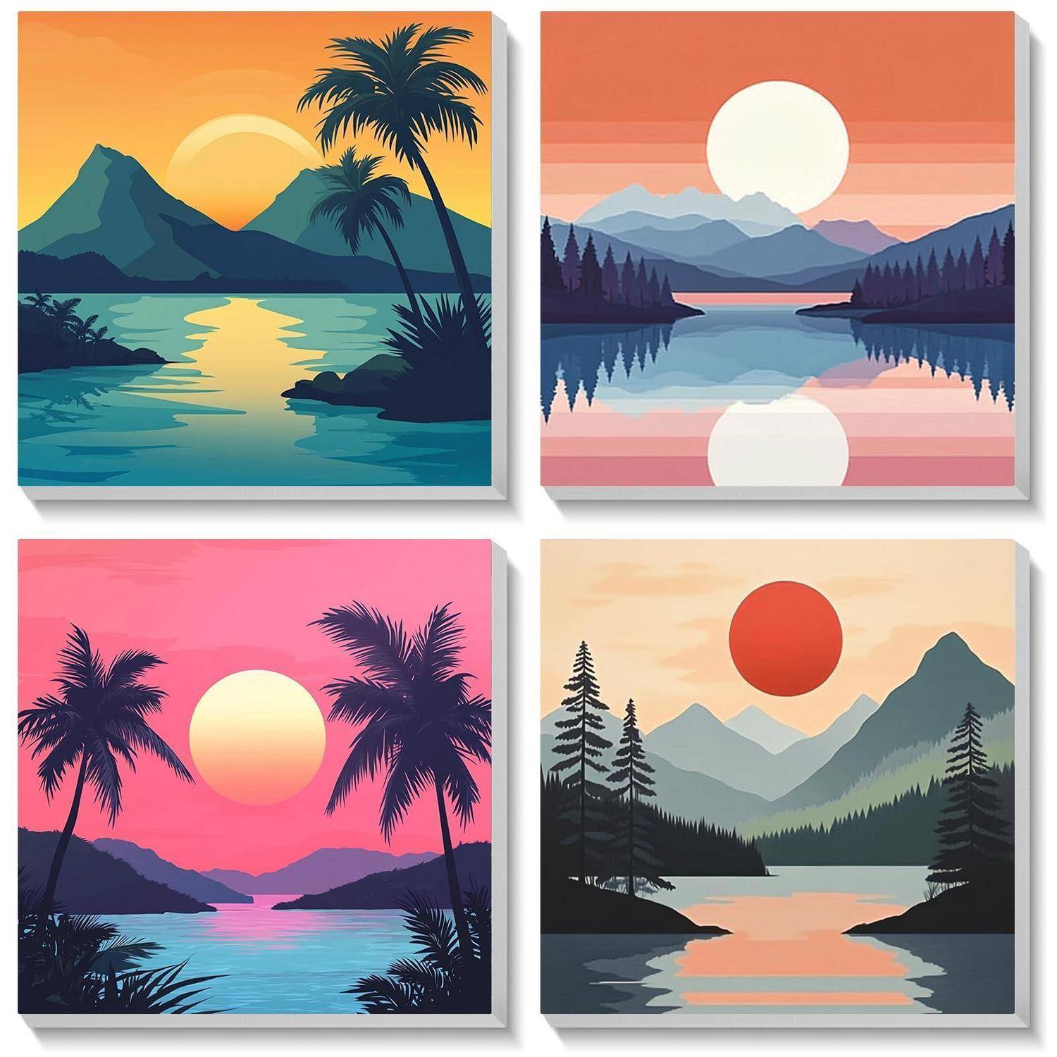 Vier stilisierte Landschaftsdrucke zeigen Sonnenuntergänge und Berge mit Wasserreflexionen, Palmen in zwei Szenen und Kiefernwälder in den anderen beiden.
