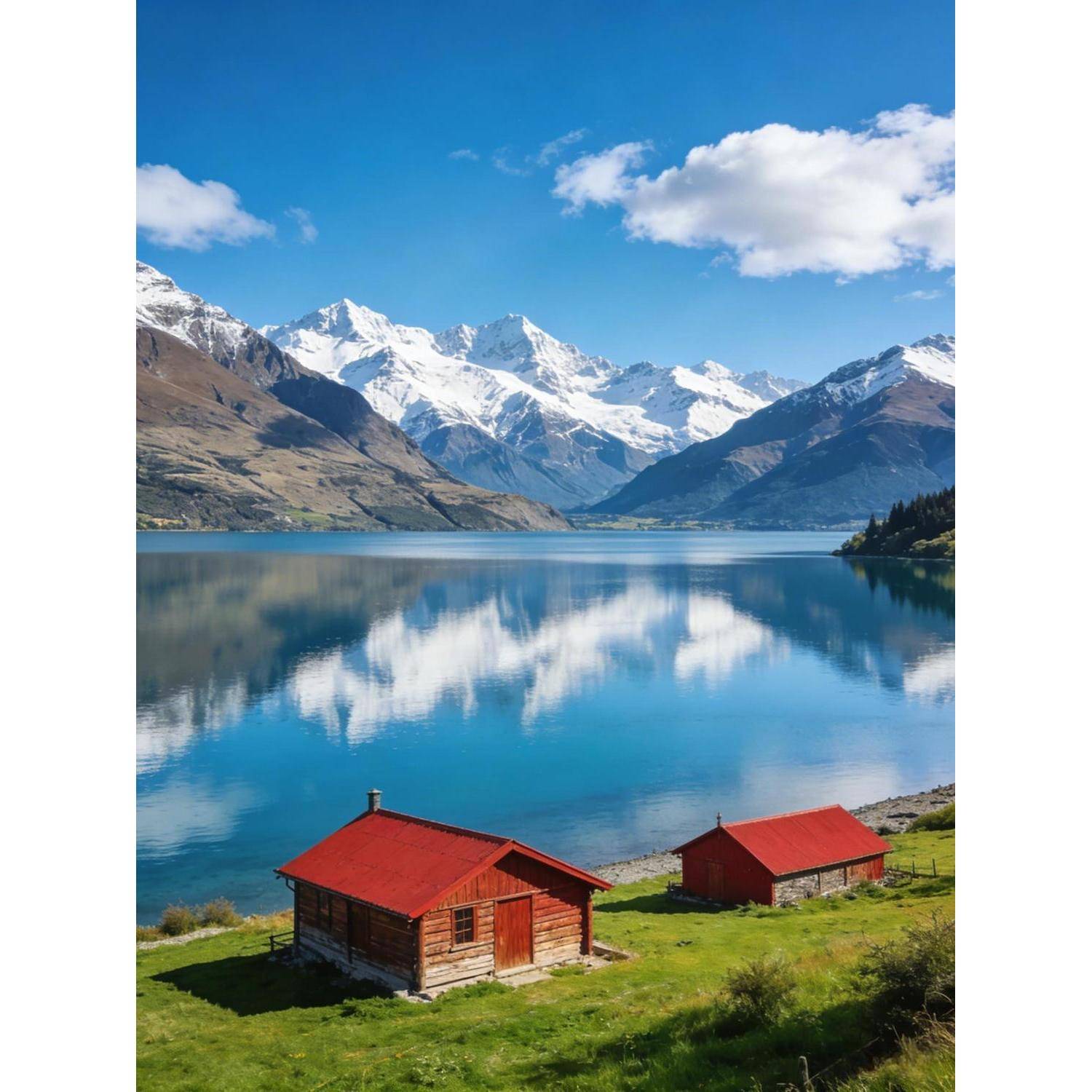 Zwei rote Dachkabinen auf einem grasigen Seeufer, mit schneebedeckten Bergen und Wolken, die sich in einem ruhigen blauen See spiegeln.