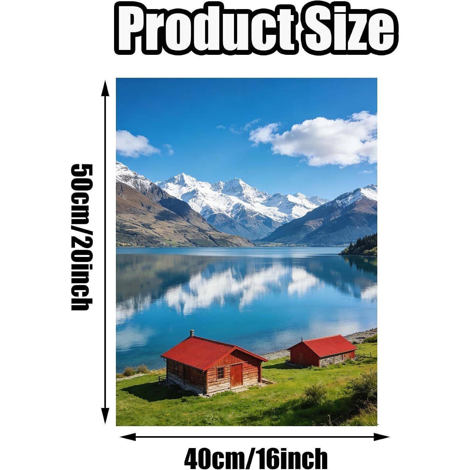 Produktgrößen-Diagramm zeigt einen malerischen See- und Bergdruck mit den Maßen 50 cm x 40 cm (20 x 16 Zoll).