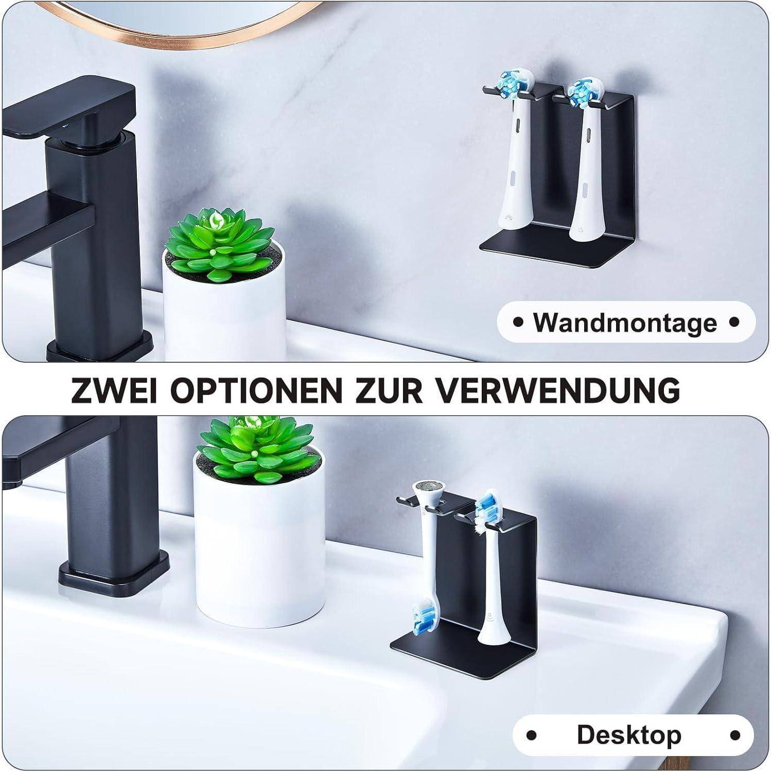 Badezimmeraccessoire in zwei Verwendungen gezeigt: Wandmontage und Schreibtischhalter für elektrische Zahnbürsten, mit dem Text „ZWEI OPTIONEN ZUR VERWENDUNG
