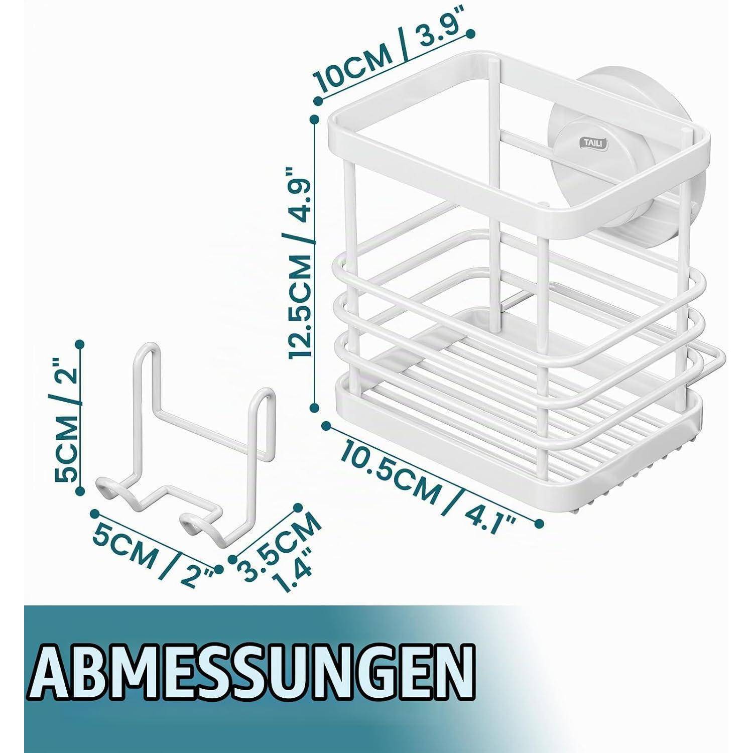 Illustrierte Küchenspülen-Caddy mit Gestell und Aufhängehaken, beschriftet mit den Abmessungen 10 cm x 10,5 cm x 12,5 cm und 5 cm x 5 cm x 3,5 cm.
