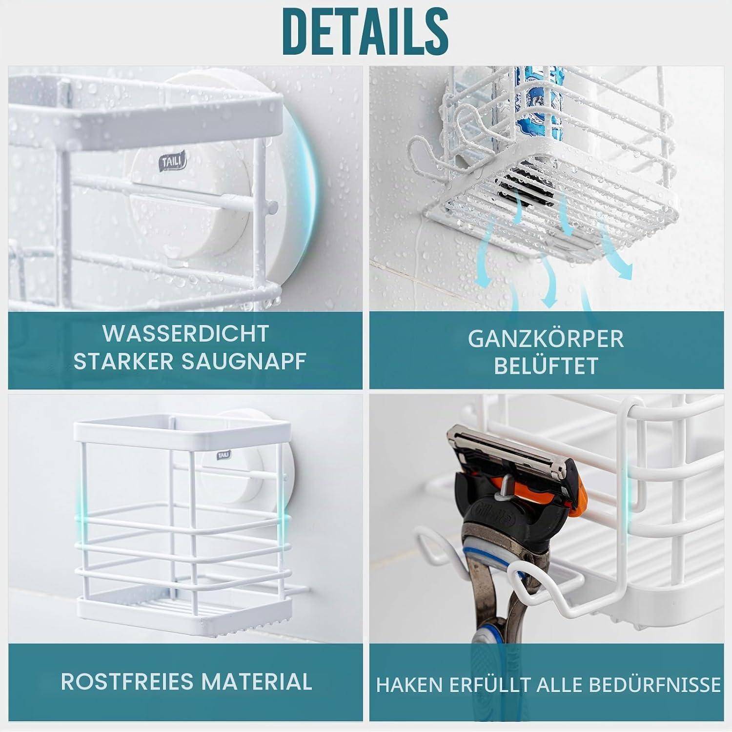 Vierpanel-Produktgrafik, die die Funktionen eines Badezimmer-Organizers zeigt: wasserfester starker Saugnapf, Belüftung am gesamten Körper, rostfreies Material und ein Haken zum Halten von Rasierapparaten oder ähnlichen Gegenständen.