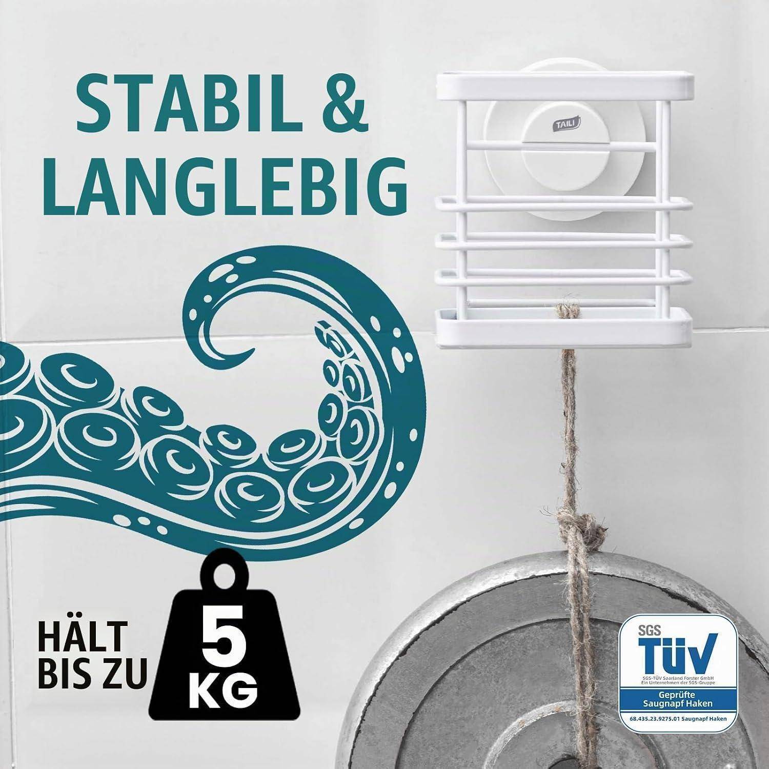 Werbegrafik mit einem weißen Wandhaken, der ein Seil und ein 5-kg-Gewicht hält, mit deutschem Text „STABIL & LANGLEBIG