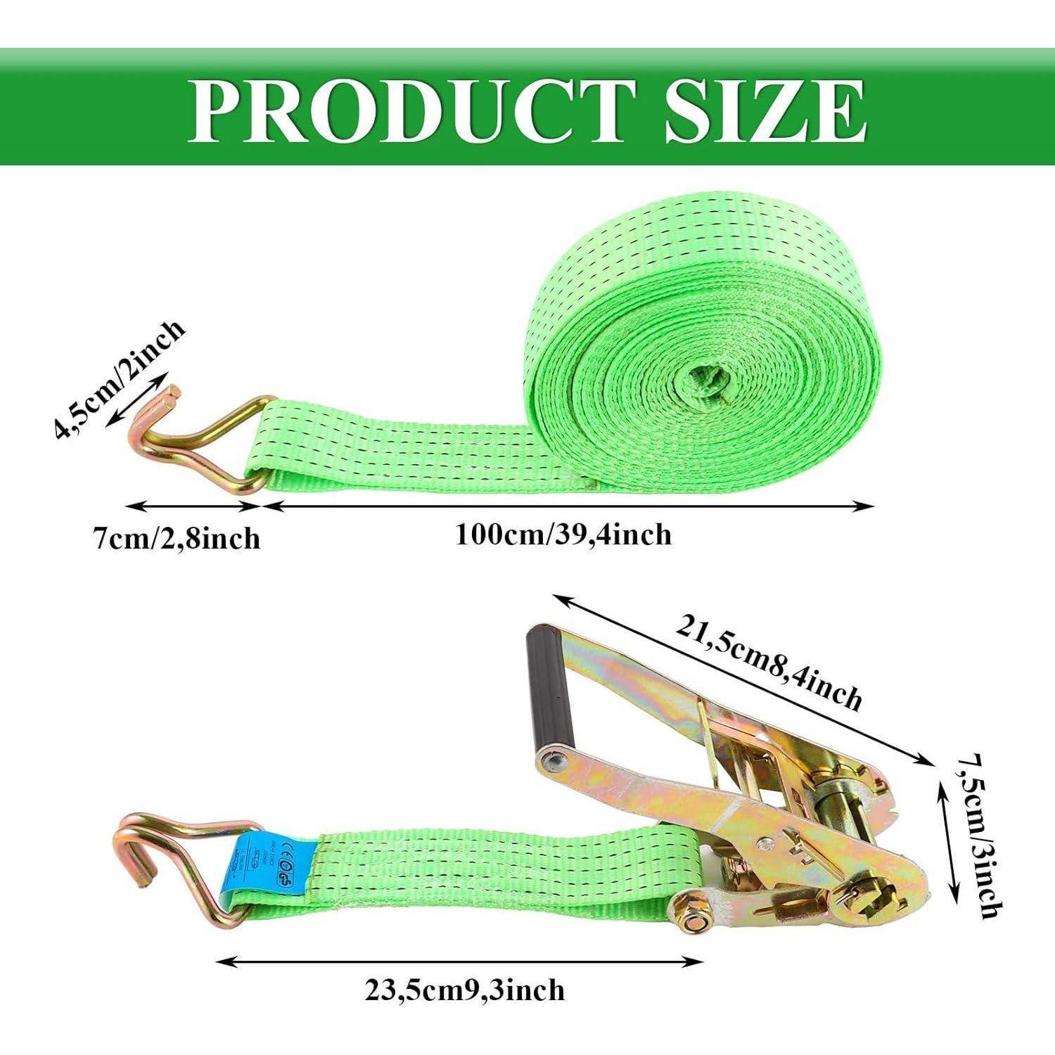 Größendiagramm eines grünen Ratschengurtes, das eine Rollenlänge von 100 cm, einen Riemenabschnitt von 23,5 cm sowie Haken- und Ratschengurtabmessungen zeigt, die in cm und Zoll beschriftet sind.