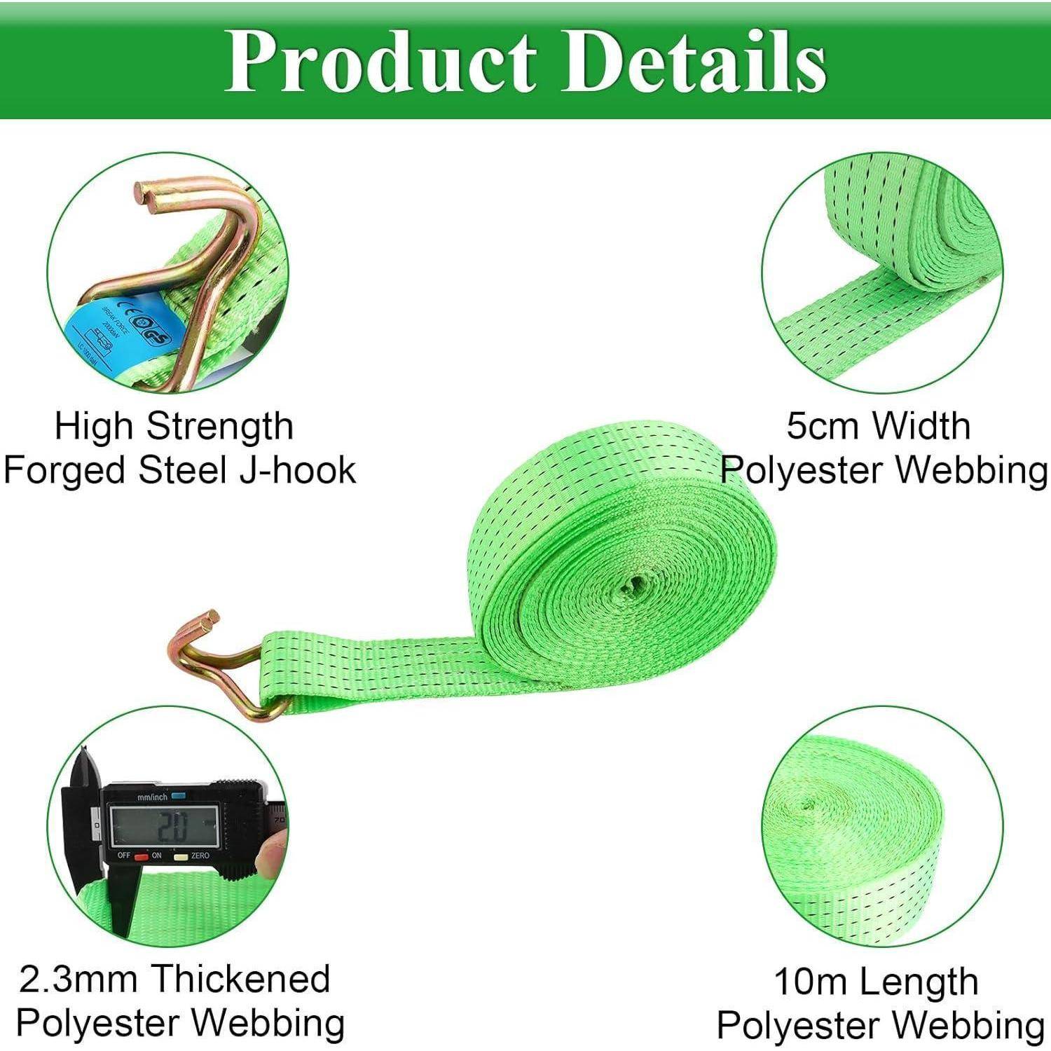 Produktdetails-Grafik zeigt einen grünen Polyester-Webgurt mit Stahlhaken, gekennzeichnet mit 5 cm Breite, 10 m Länge und 2,3 mm Dicke.