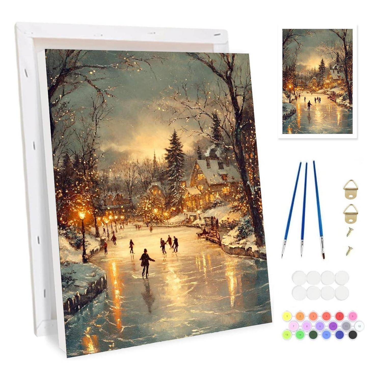 DIY-Diamantmalerei-Set mit einer Winterdorf-Schlittschuhszene auf Leinwand, zwei Pinseln, Aufhängehardware und farbigen Perlen.