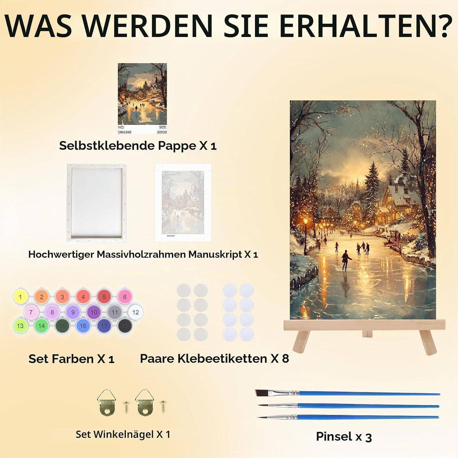 Illustration des Produktinhalts mit den enthaltenen Artikeln: eine selbstklebende Leinwand, einen massiven Holzrahmen, einen Satz mit 18 Farben, 8 Etikettenpaare, 1 Satz Ecknägel und 3 Pinsel.