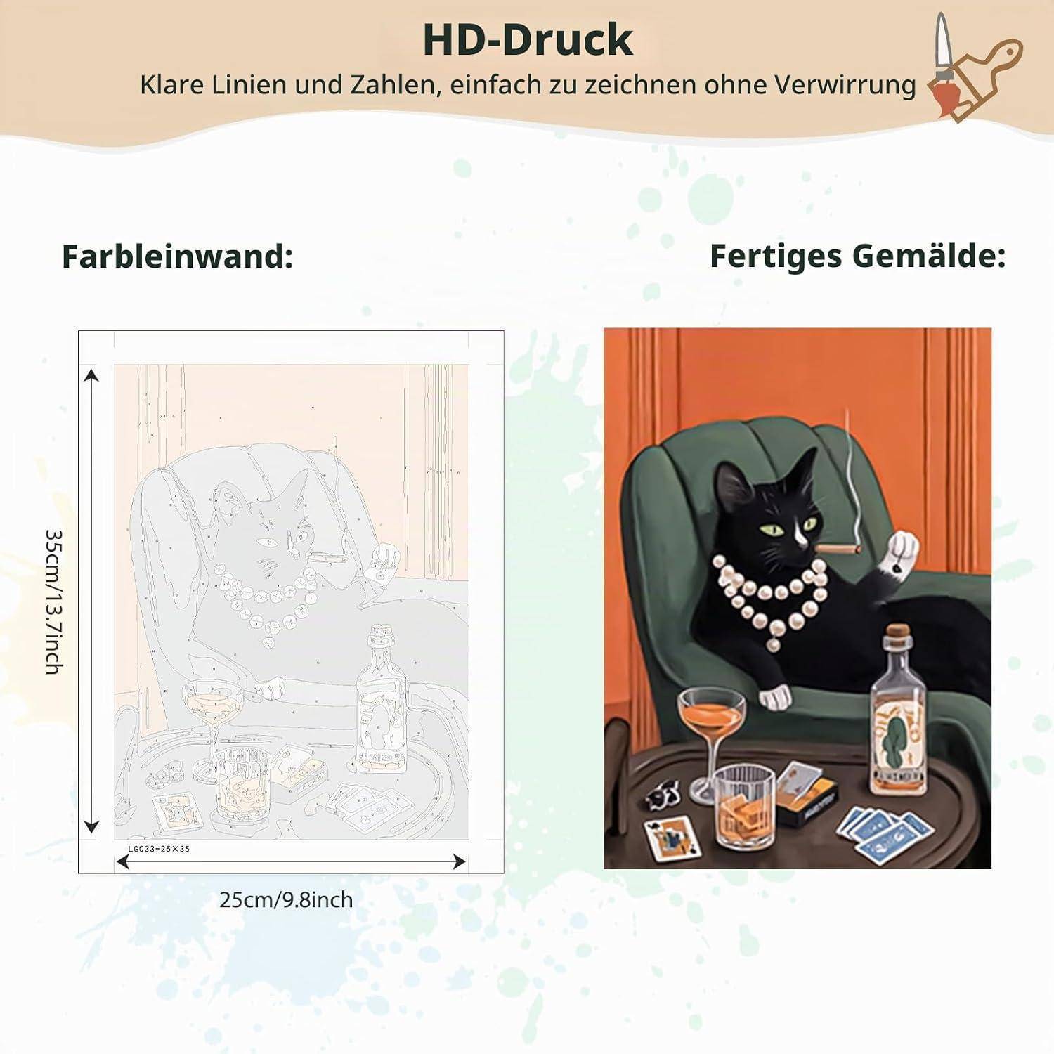 Werbeanzeige für HD-Druck-Malen-nach-Zahlen-Set, das auf der linken Seite eine verblasste Kontur-Leinwand und auf der rechten Seite ein fertiges Schwarze-Katze-Gemälde zeigt, mit den Abmessungen 25 cm x 35 cm.