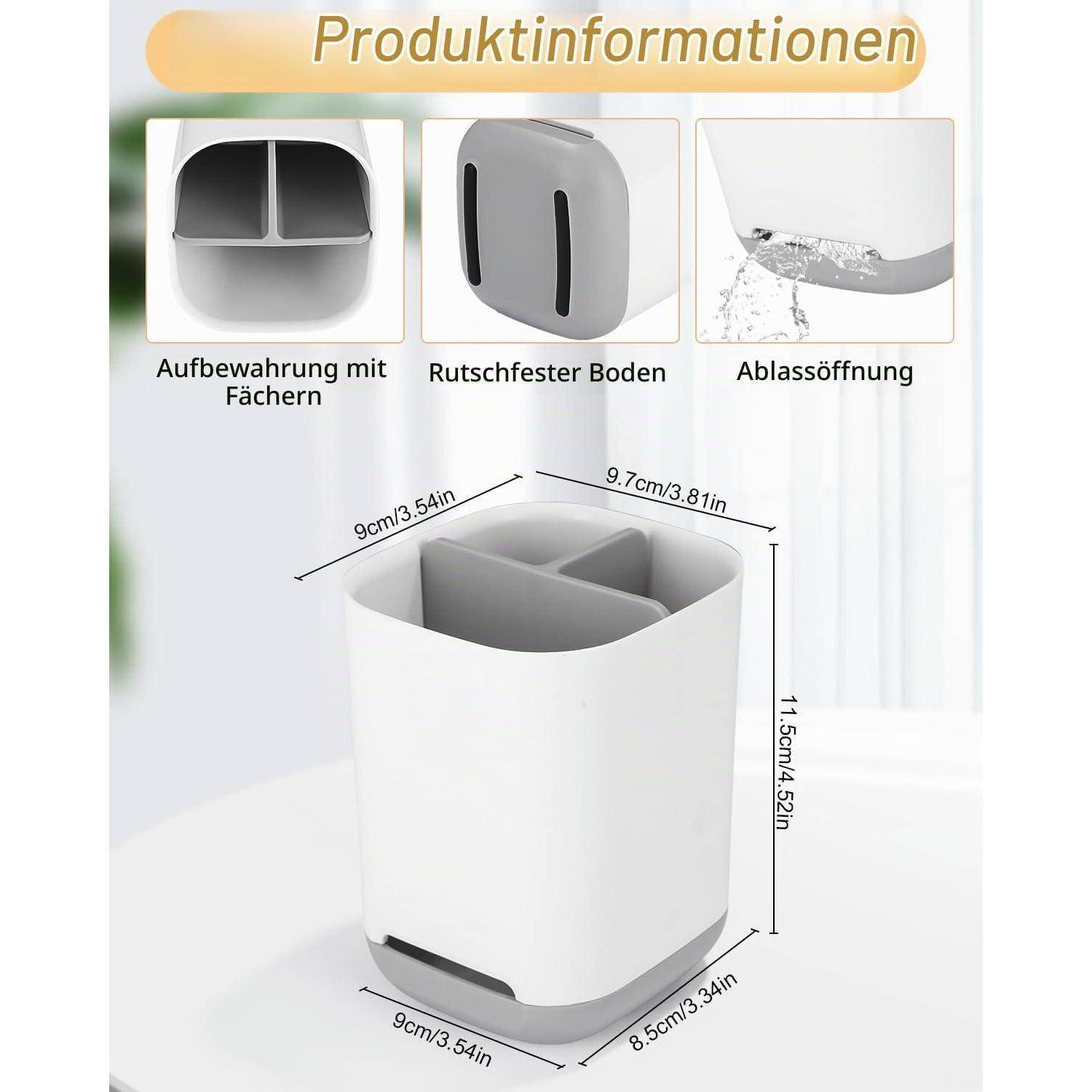 Produktinformationen für einen weißen Badezimmerorganizer: geteilte Lagerfächer, rutschfeste Basis, Ablauföffnung, mit Abmessungen von 11,5 x 9,7 x 9 cm.