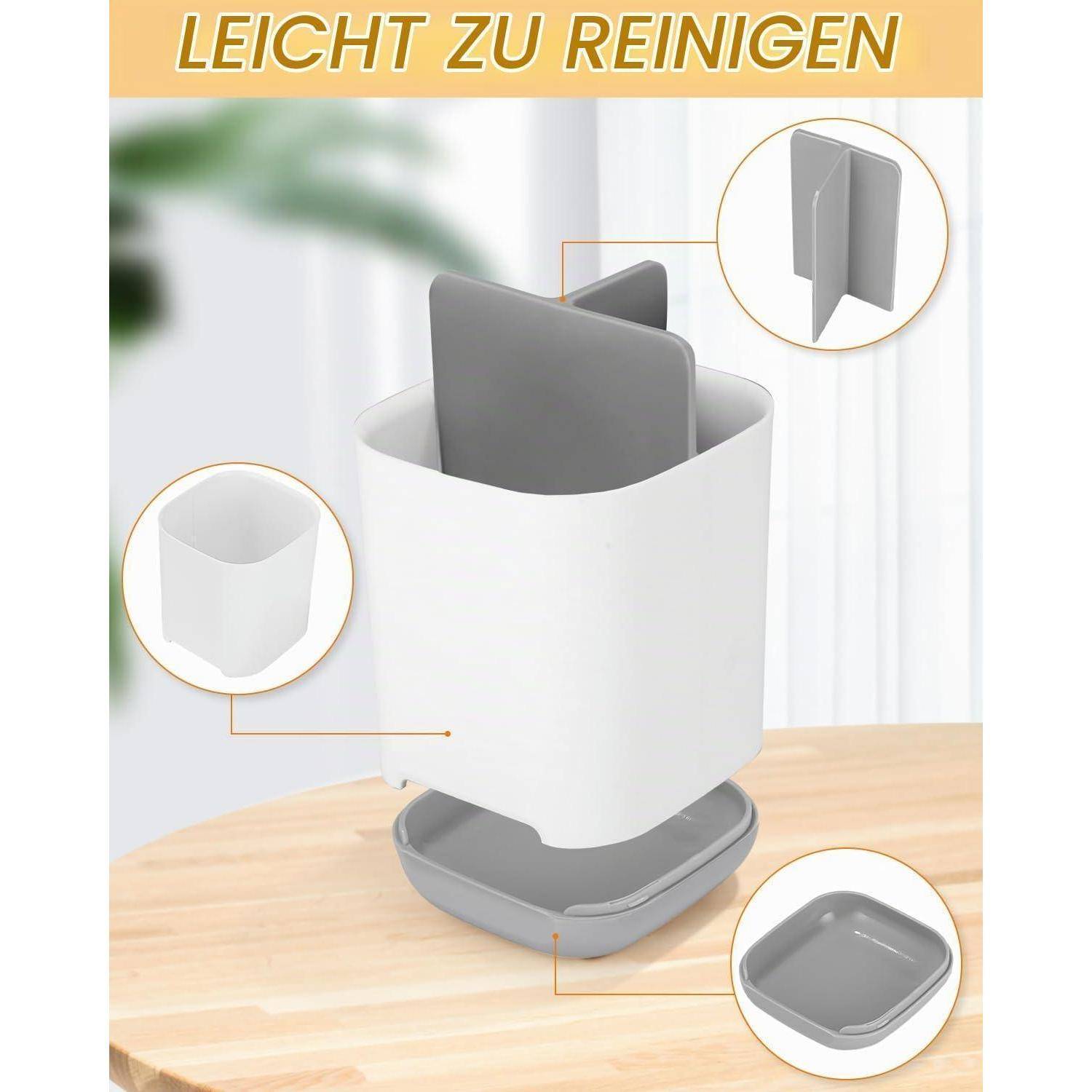 Produktabbildung eines weißen Arbeitsplattenmülleimers mit grauem Innentablett und abnehmbarem Einsatz, gekennzeichnet mit „LEICHT ZU REINIGEN