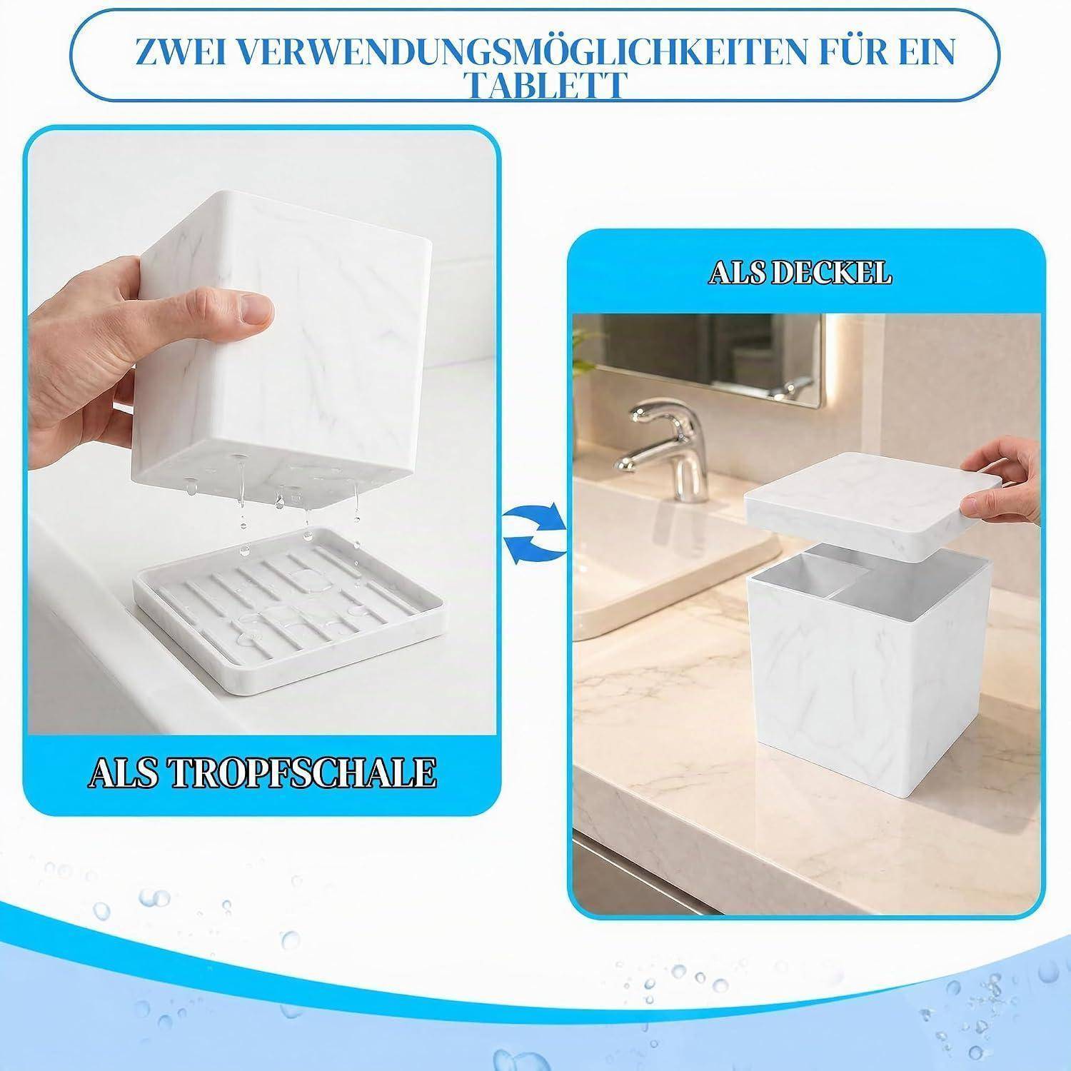 Infografik mit zwei Verwendungsmöglichkeiten für eine Tablet-Hülle: als Auffangschale unter einem Waschbecken und als Deckel auf einem Behälter auf der Arbeitsplatte.