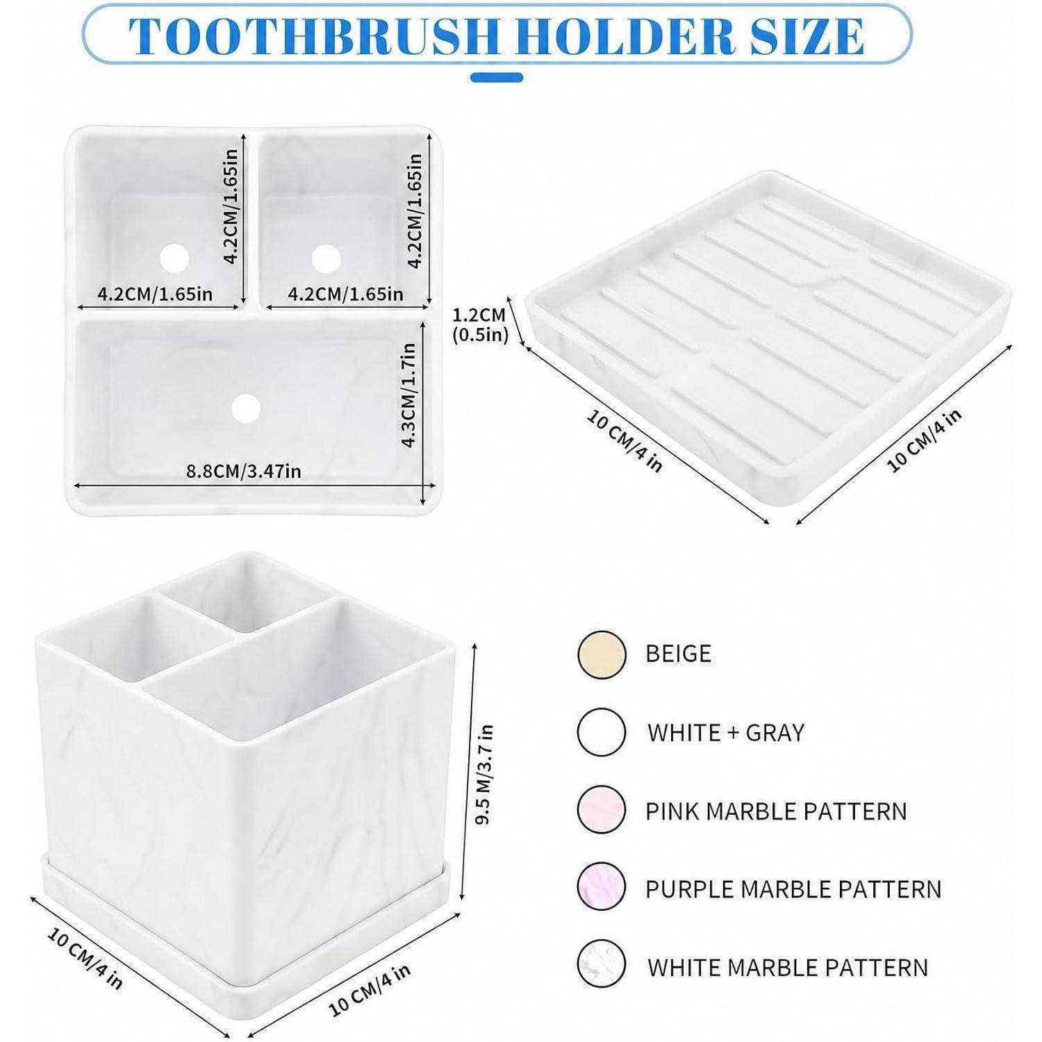 Zahnbürstenhalter-Größendiagramm mit einem 10 cm großen quadratischen Tablett und einem 9,5 cm hohen Vier-Fach-Halter, mit aufgelisteten Farboptionen: beige, weiß-grau, rosa, lila und weißes Marmormuster.