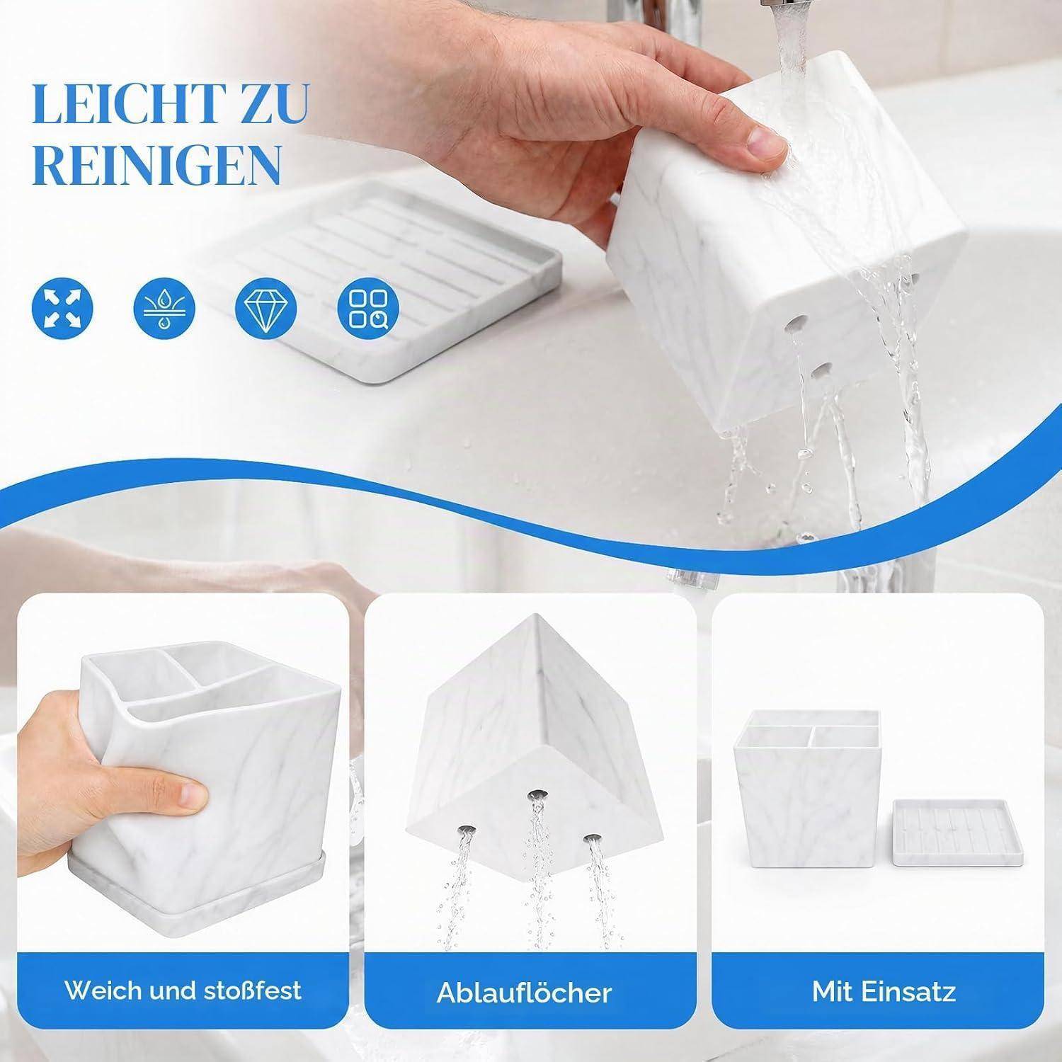 Werbegrafik zeigt eine weiße Stoff-Taschentuchboxabdeckung, die gründlich gereinigt wird, mit deutschem Text „Leicht zu Reinigen