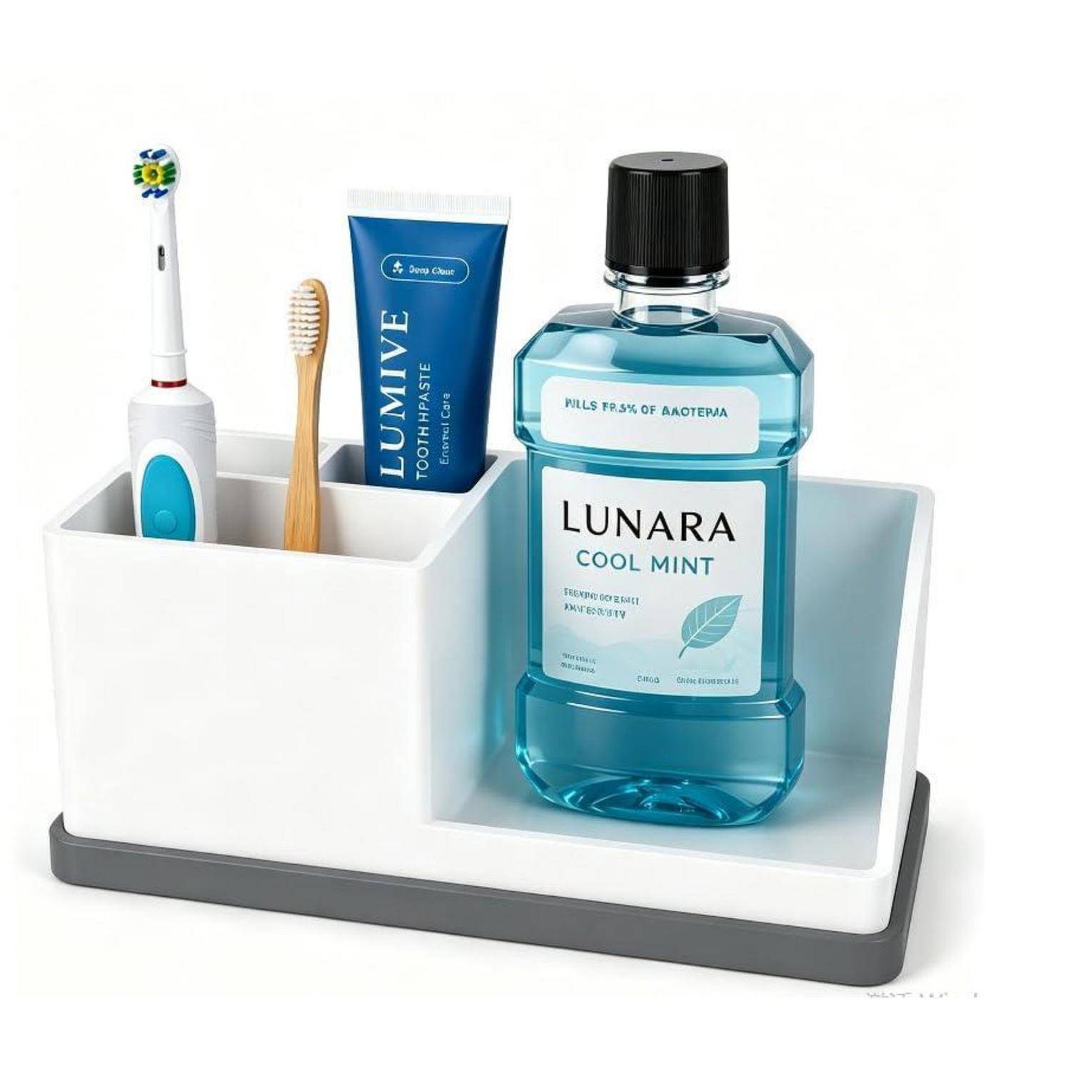 Zahnbürste, Zahnpasta und Mundwasser in einem Badezimmer-Organizer-Tablett.