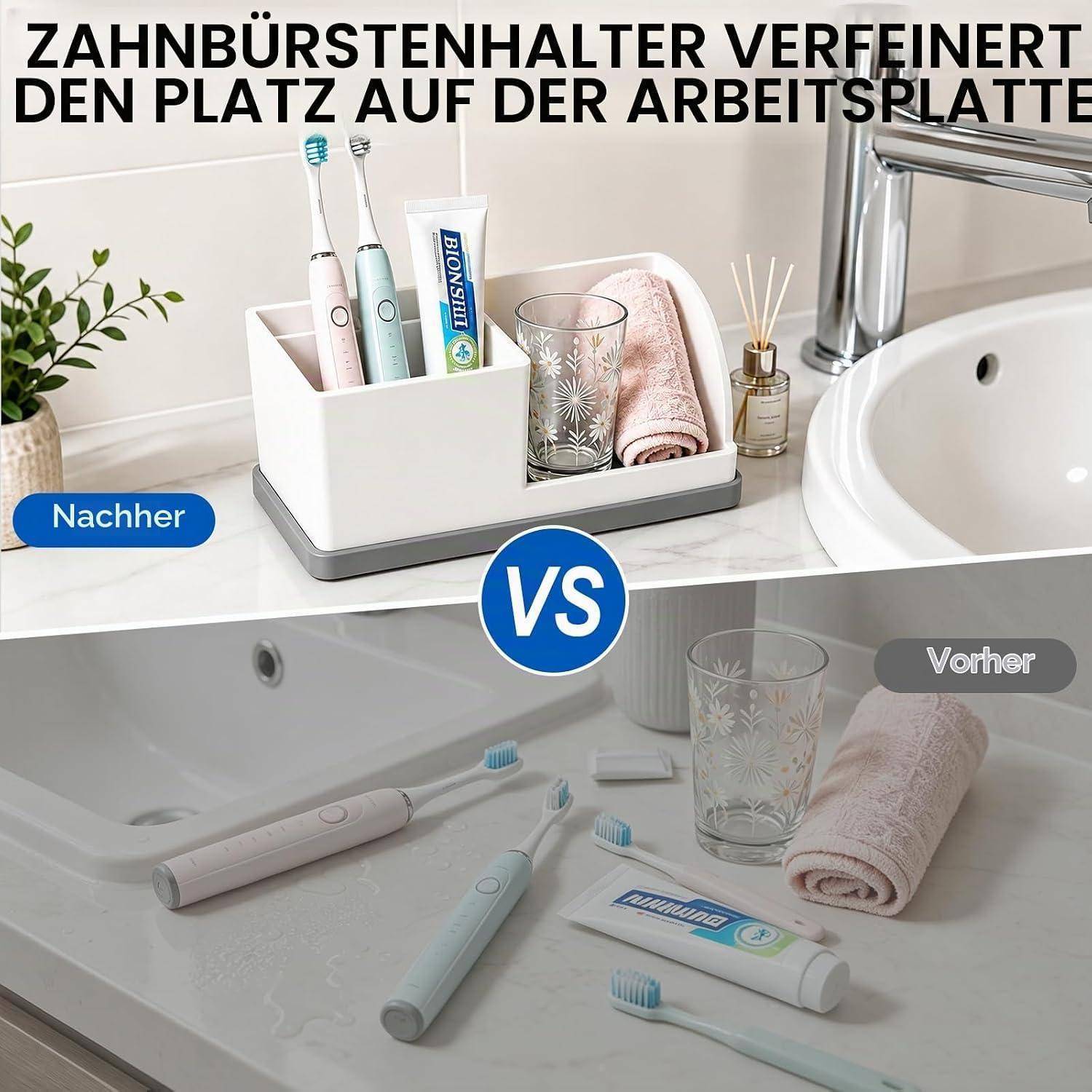 Vorher-Nachher-Vergleich eines Badezimmerkounter-Organizers mit einer ordentlichen Zahnbürstenhalter-Anordnung im Vergleich zu verstreuten Zahnbürsten, Zahnpasta und Handtuch auf dem Waschbecken.