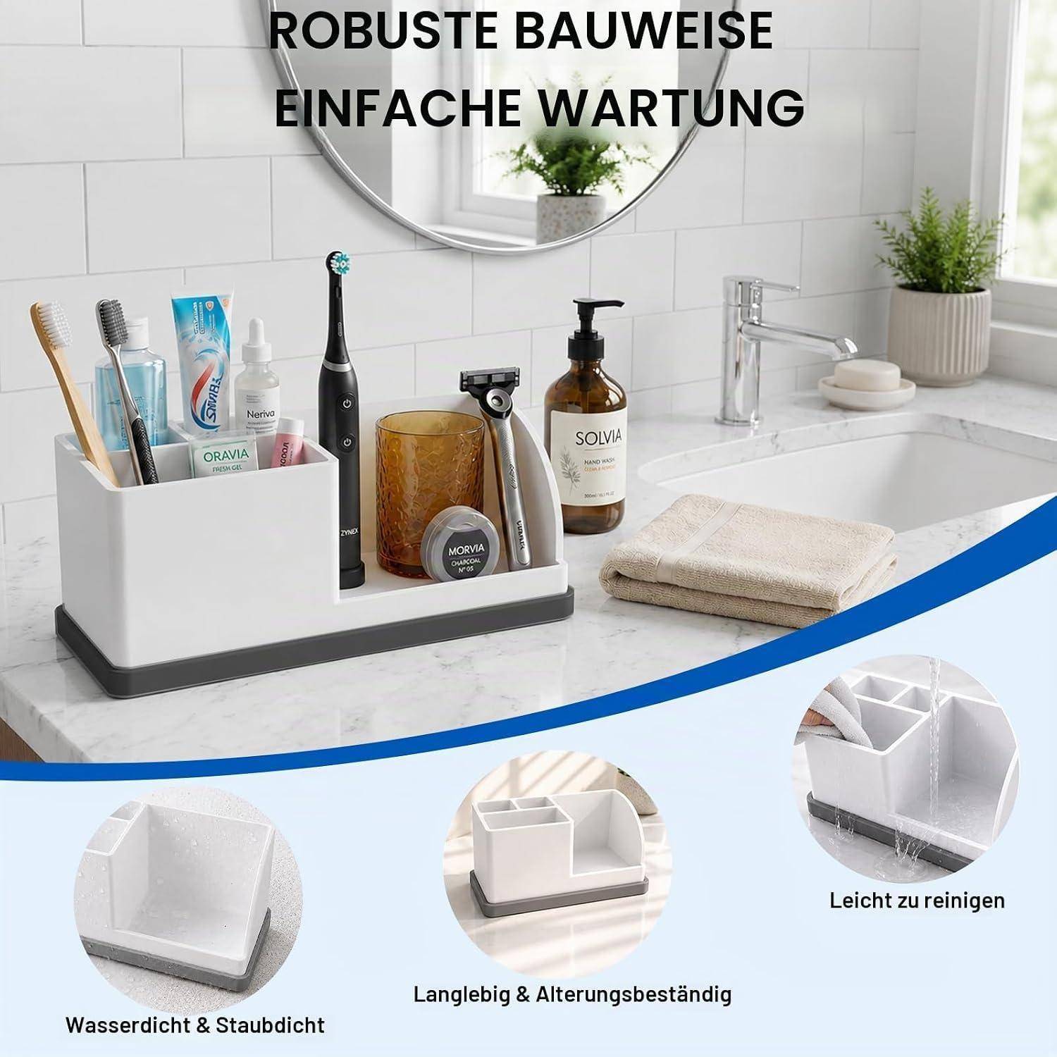 Badezimmer-Arbeitsplattenorganizer mit Fächern für Zahnbürsten und Toilettenartikel, dargestellt mit deutschem Text, der robuste Konstruktion, einfache Wartung, wasserdicht und staubdicht, langlebig, leicht zu reinigen hervorhebt.