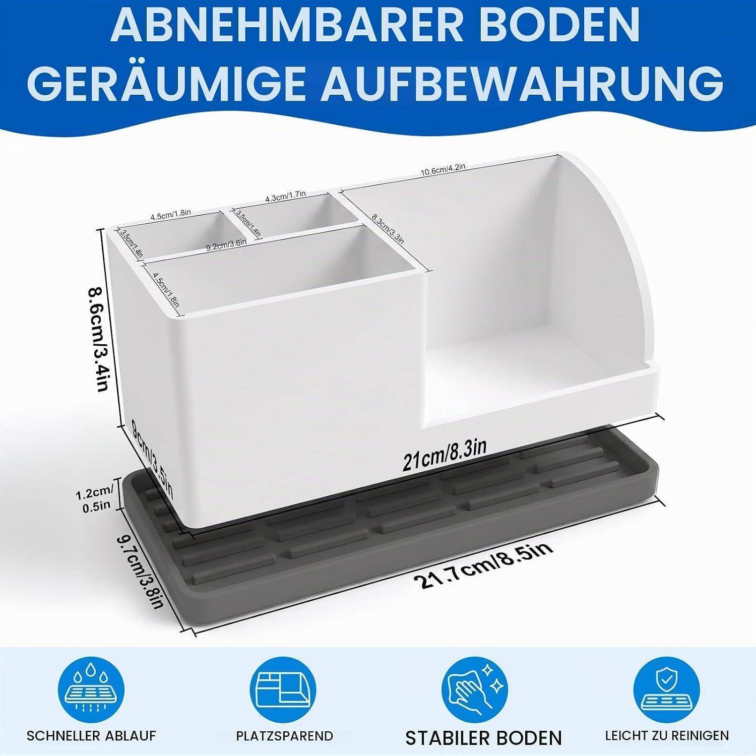 Produktdiagramm eines weißen Aufbewahrungsorganizers mit abnehmbarer Basis, das Abmessungen und Fächer zeigt; Symbole unten behaupten schnelle Drainage, Platzersparnis, stabiler Boden und einfache Reinigung.
