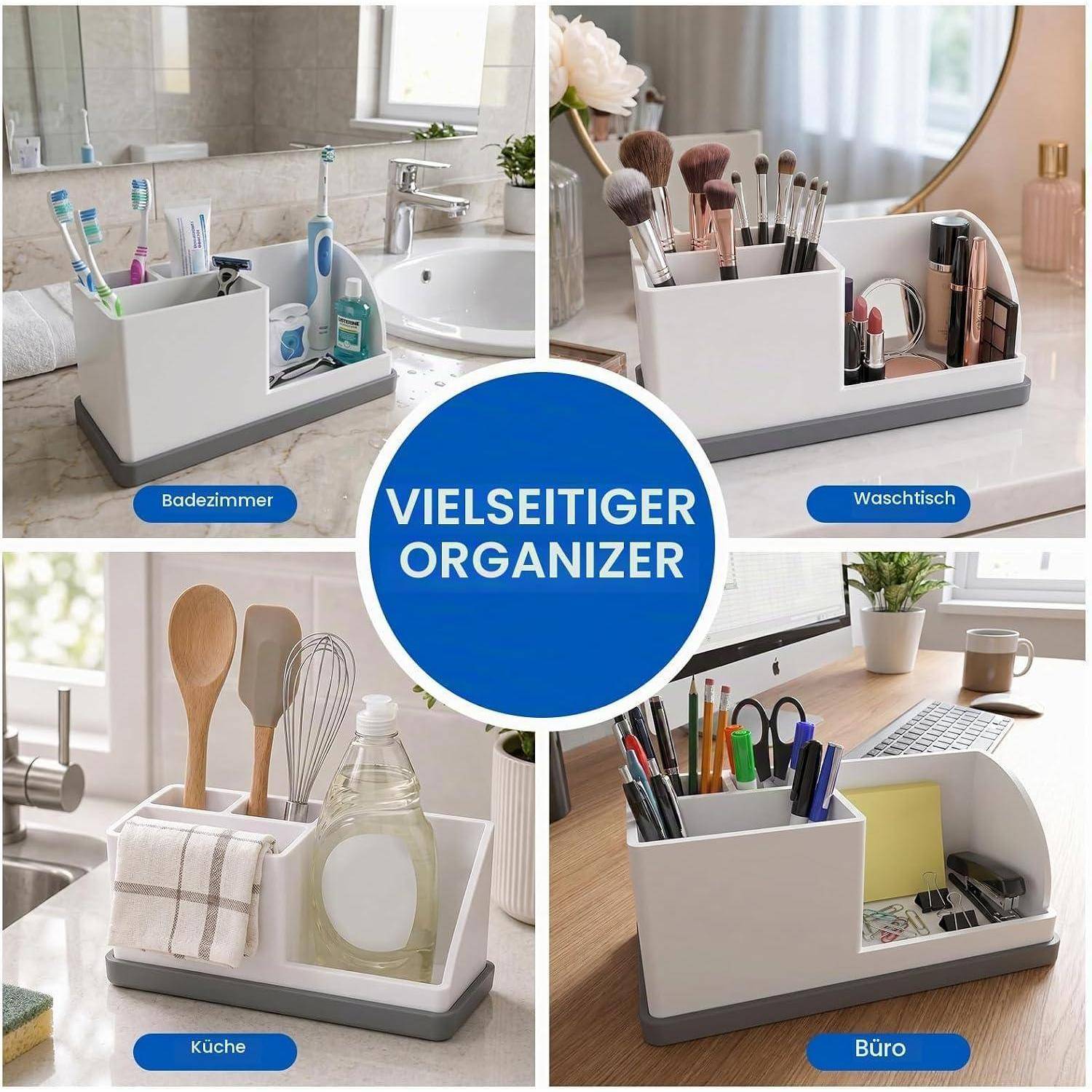 Collage zeigt einen vielseitigen weißen Organizer, der im Badezimmer, auf einem Waschtisch, in der Küche und auf einem Schreibtisch zur Aufbewahrung von Toilettenartikeln, Make-up, Utensilien und Büromaterial verwendet wird.