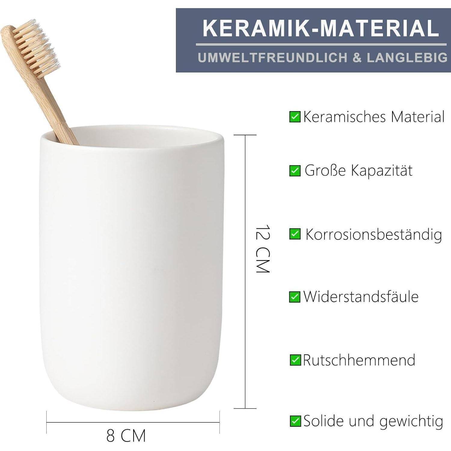 Weißer Keramik-Zahnbürstenhalter mit einer Zahnbürste, auf Deutsch gekennzeichnet als umweltfreundlich und langlebig; 12 cm hoch und 8 cm breit, mit aufgelisteten Merkmalen wie großes Fassungsvermögen und Korrosionsbeständigkeit.