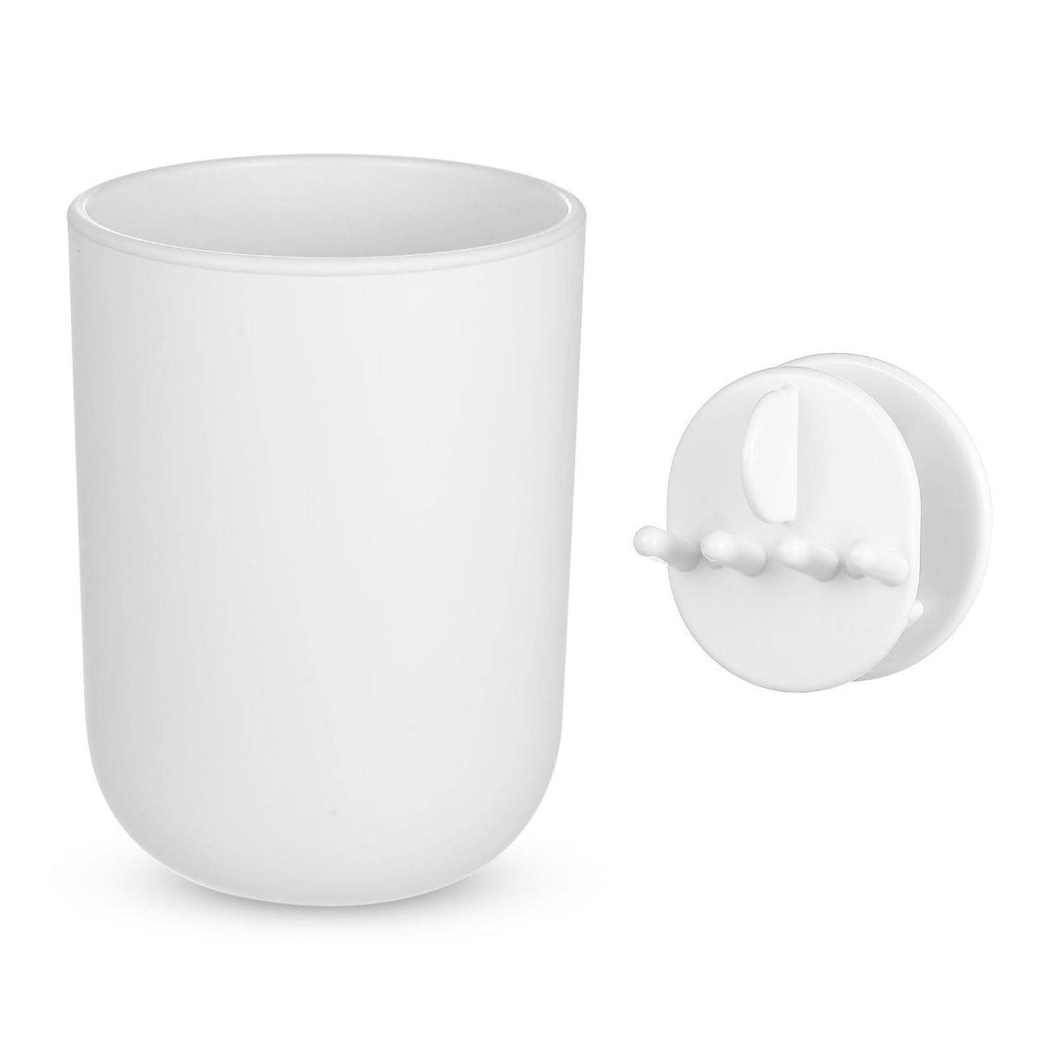Weiße zylindrische Tasse mit separat daneben angeordnetem rundem Deckel auf einfachem Hintergrund.