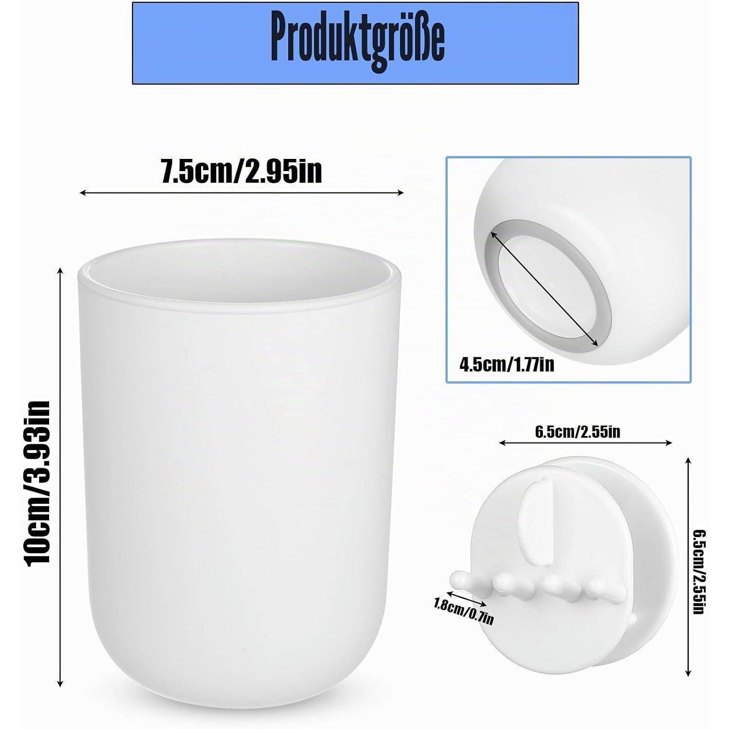 Produktgrößendiagramm für einen weißen Becher oder Blumentopf: 10 cm Höhe, 7,5 cm Breite, mit angezeigten Öffnungsmessungen von 4,5 cm und 6,5 cm.