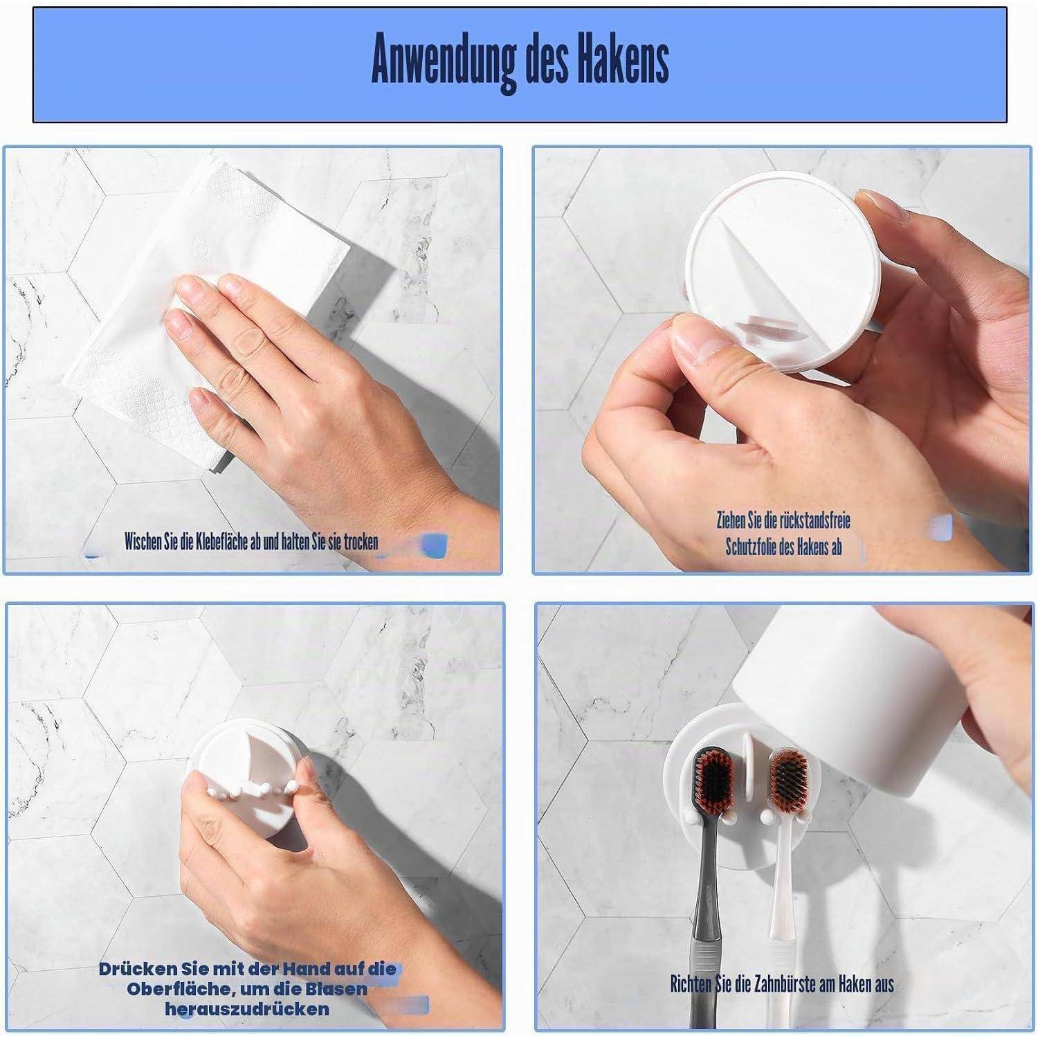 Vierschrittiger Installationsleitfaden für Haken: Reinigen und trocknen Sie die Wand, entfernen Sie die Rückseite, drücken Sie, um Luftblasen zu entfernen, und hängen Sie dann Zahnbürsten an den Haken.