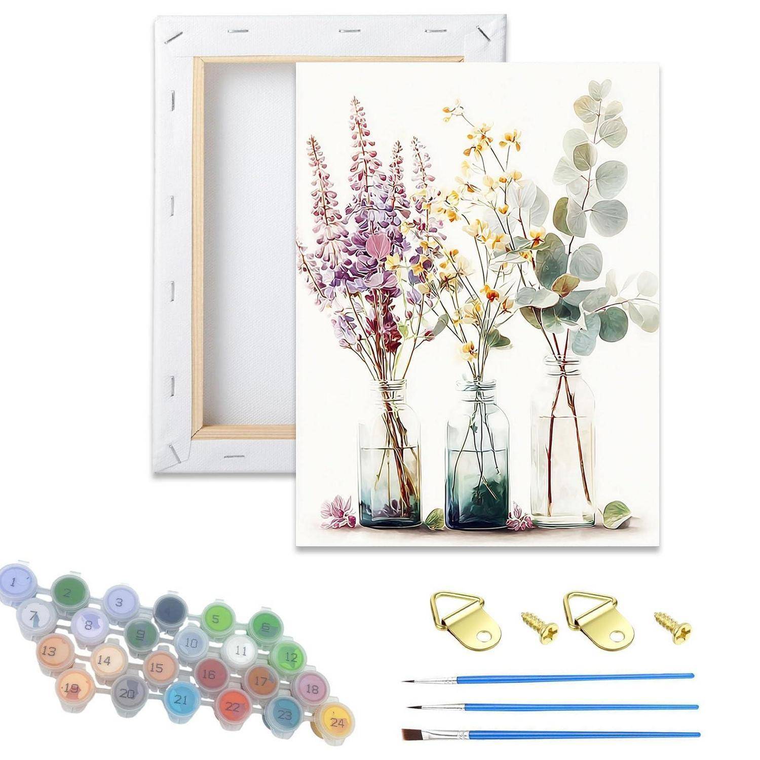Diamantmalerei-Set mit Blumenvasekunstwerk, leerer Leinwand, farbcodierten Harzperlen, Pinseln und Aufhängebeschlag.