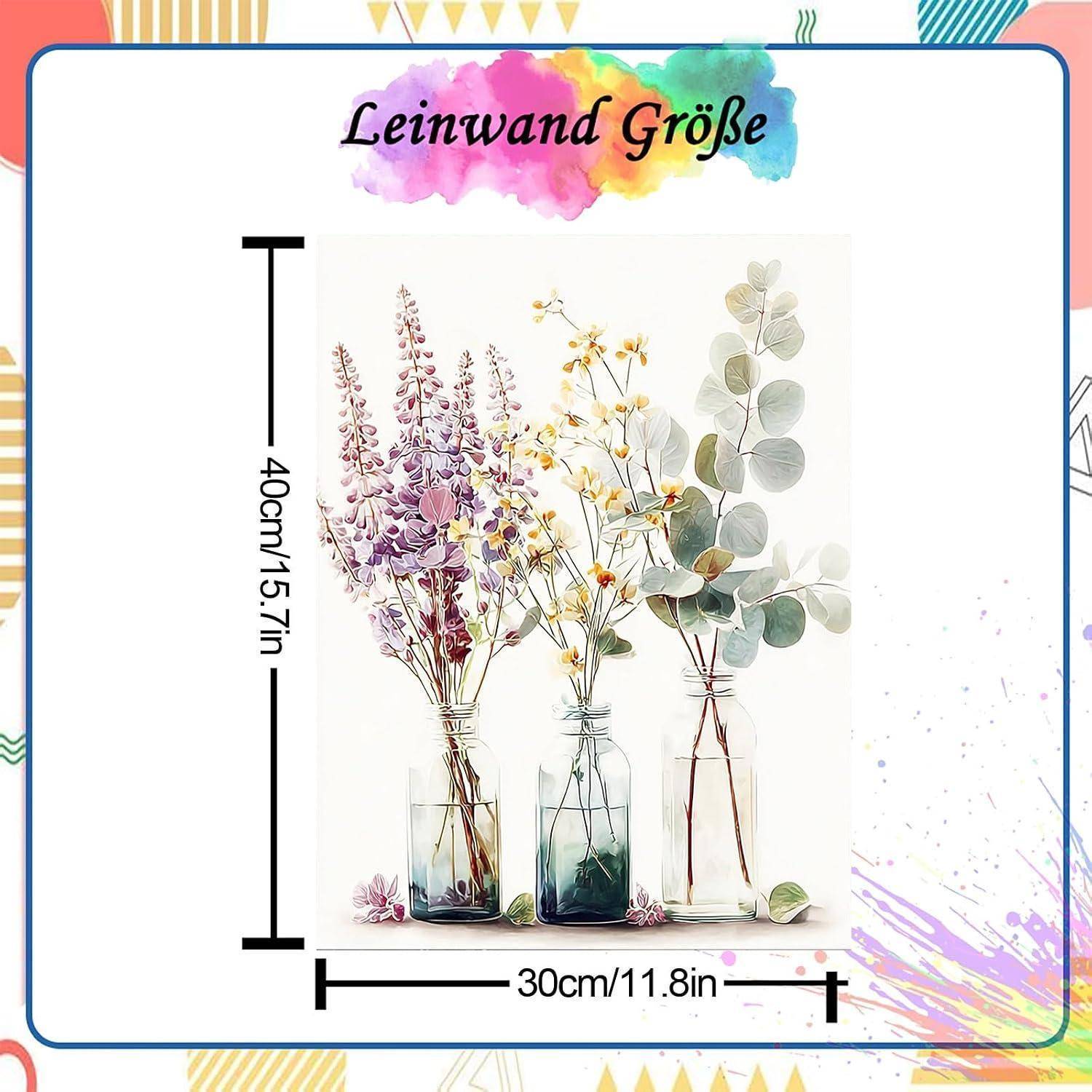 Produktbild mit der Leinwandgröße 'Leinwand Größe', das einen Blumenvaasen-Druck zeigt, mit einer Höhe von 40cm/15,7 Zoll und einer Breite von 30cm/11,8 Zoll.