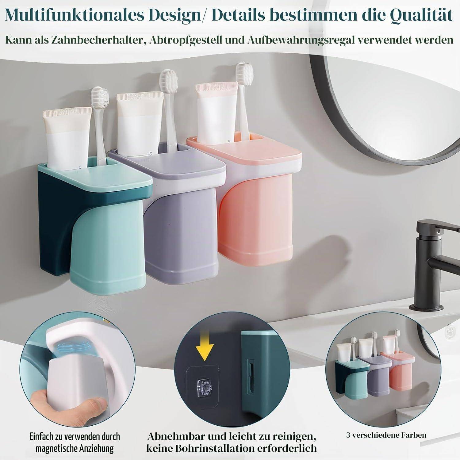 Wandmontierter Multifunktionshalter für Zahnbürsten im Badezimmer, mit drei Farboptionen, abnehmbares Becherdesign und Ablage im Gebrauch mit Zahnpasta und Bürsten.