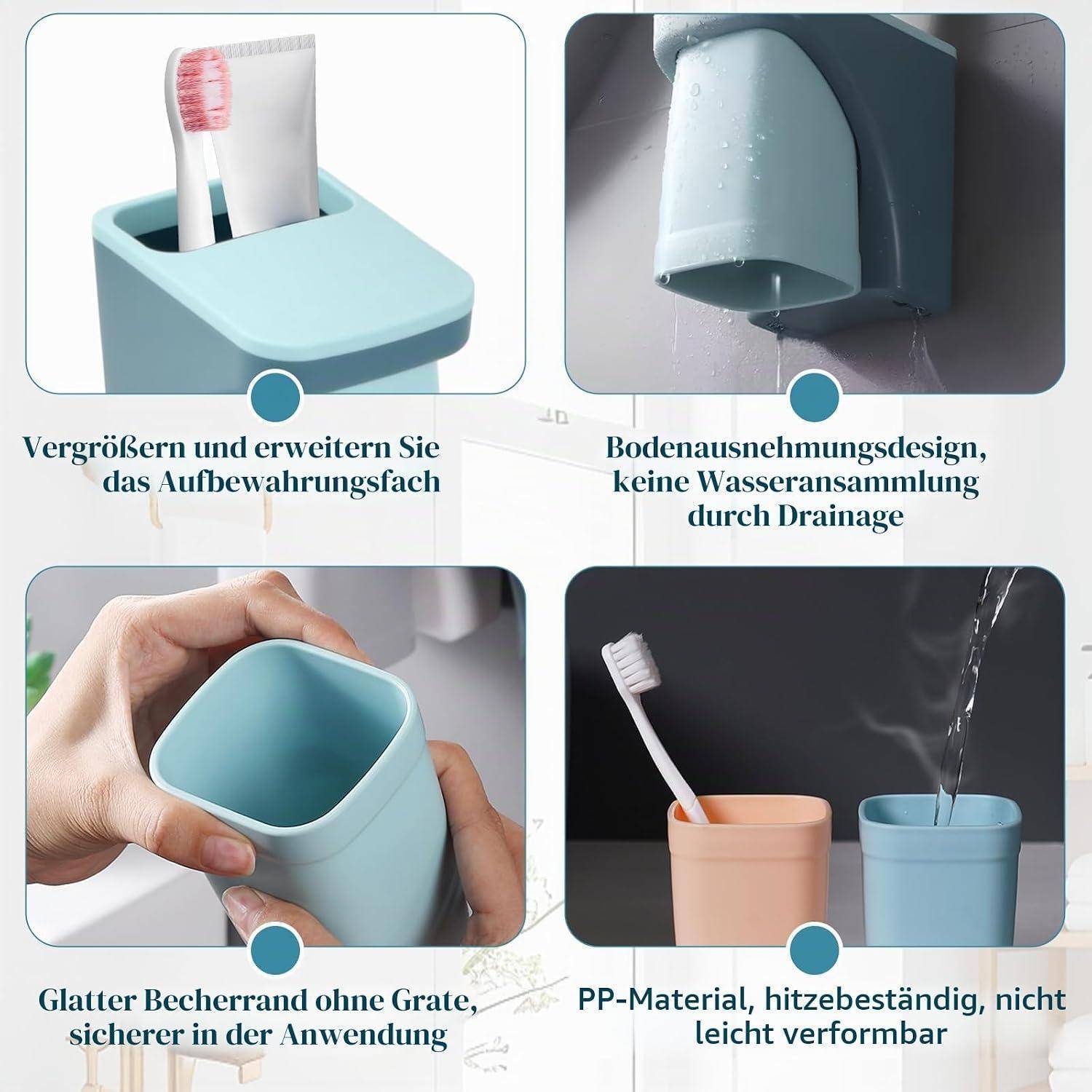 Collage einer blauen Zahnbürstenhalter mit vergrößertem Stauraum, Ablaufbasis, glattem rundem Becher und hitzebeständigem PP-Material, mit Zahnbürsten- und Wasserablauf-Demo.