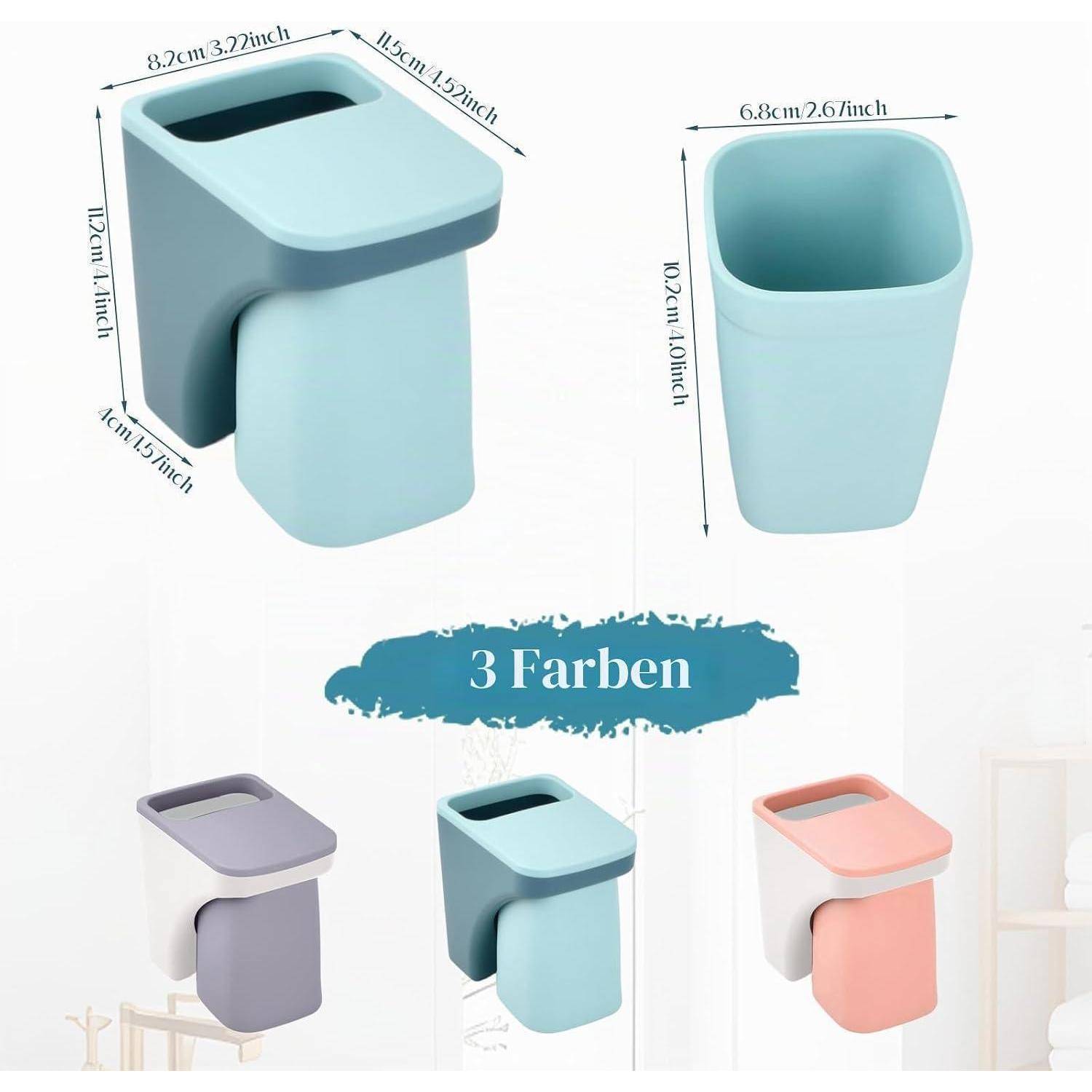 Produktbild eines wandmontierten Badezimmer-Mülleimers mit Deckel, dargestellt in Abmessungen und drei Farben: grau, blau und rosa.