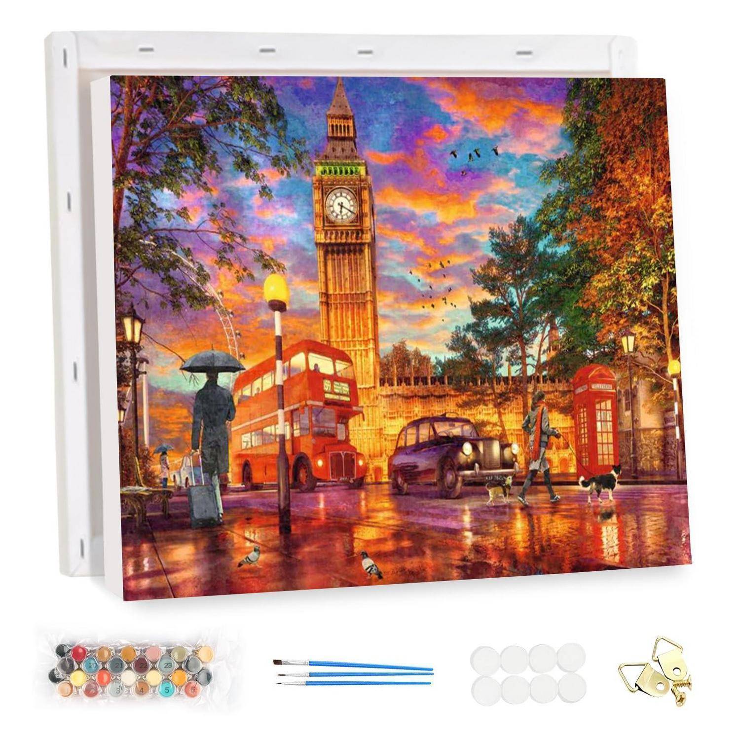 Leinwandkunst von Big Ben und einem roten Doppeldeckerbus auf einer regnerischen Londoner Straße bei Sonnenuntergang, mit enthaltenem Malset, Pinseln und Aufhängehardware.
