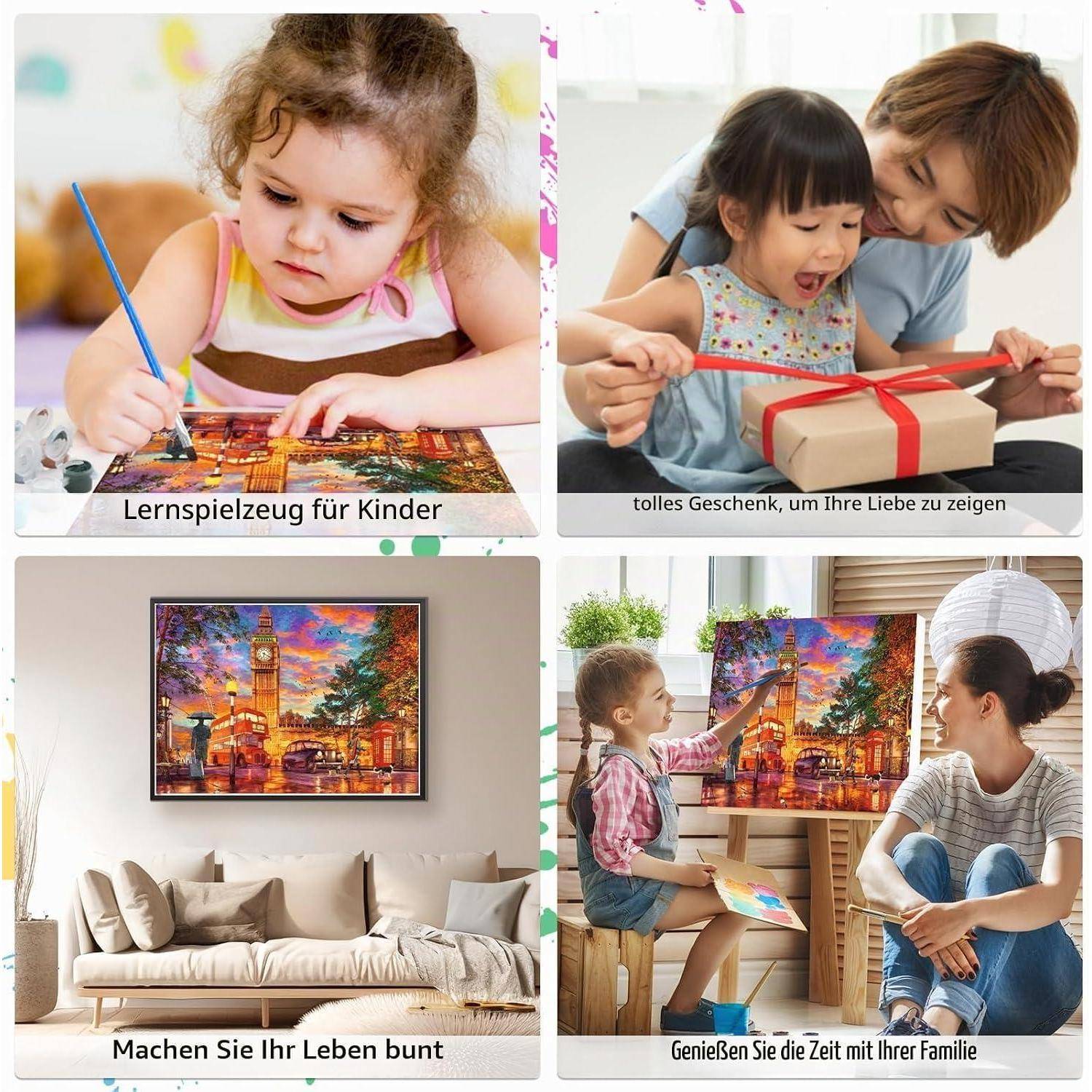 Vierteilige Collage: Kinder spielen mit Lernspielzeugen, erhalten ein Geschenk, bunte Wandkunst in einem Wohnzimmer und eine Familie malt zusammen.